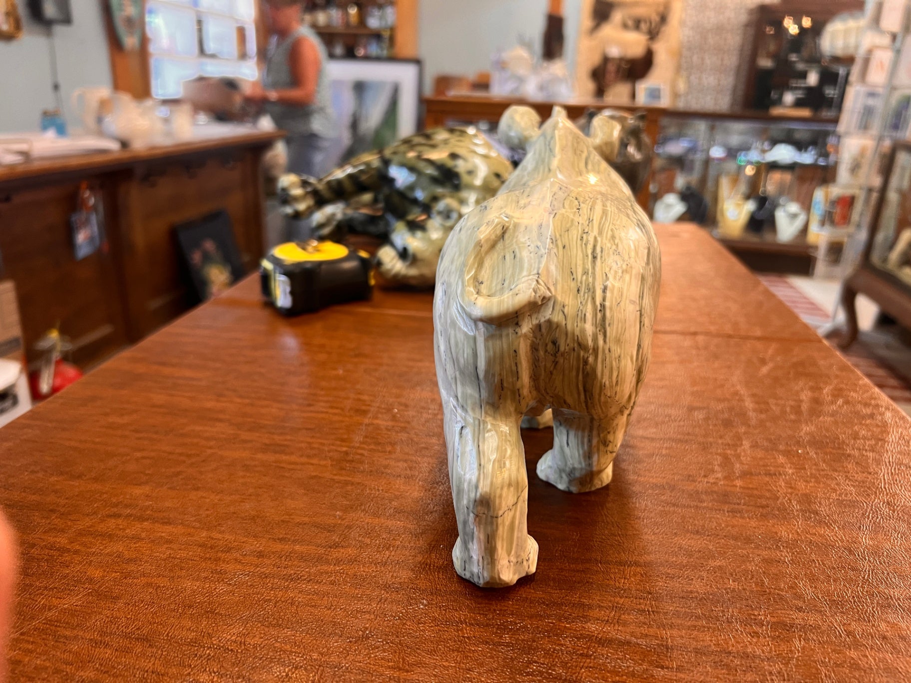 Vintage Hand Carved Stone Rhinoceros Sculpture – Banded Serpentine Marble Rhino Figurine 12” Natural Stone Decor