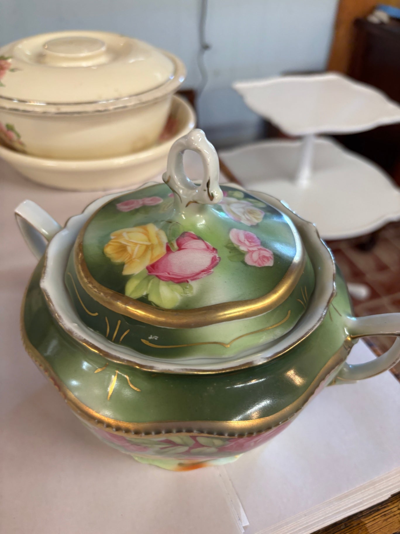 Antique Biscuit Cracker Jar Pink -Yellow Roses On Green W/ Gold Trim