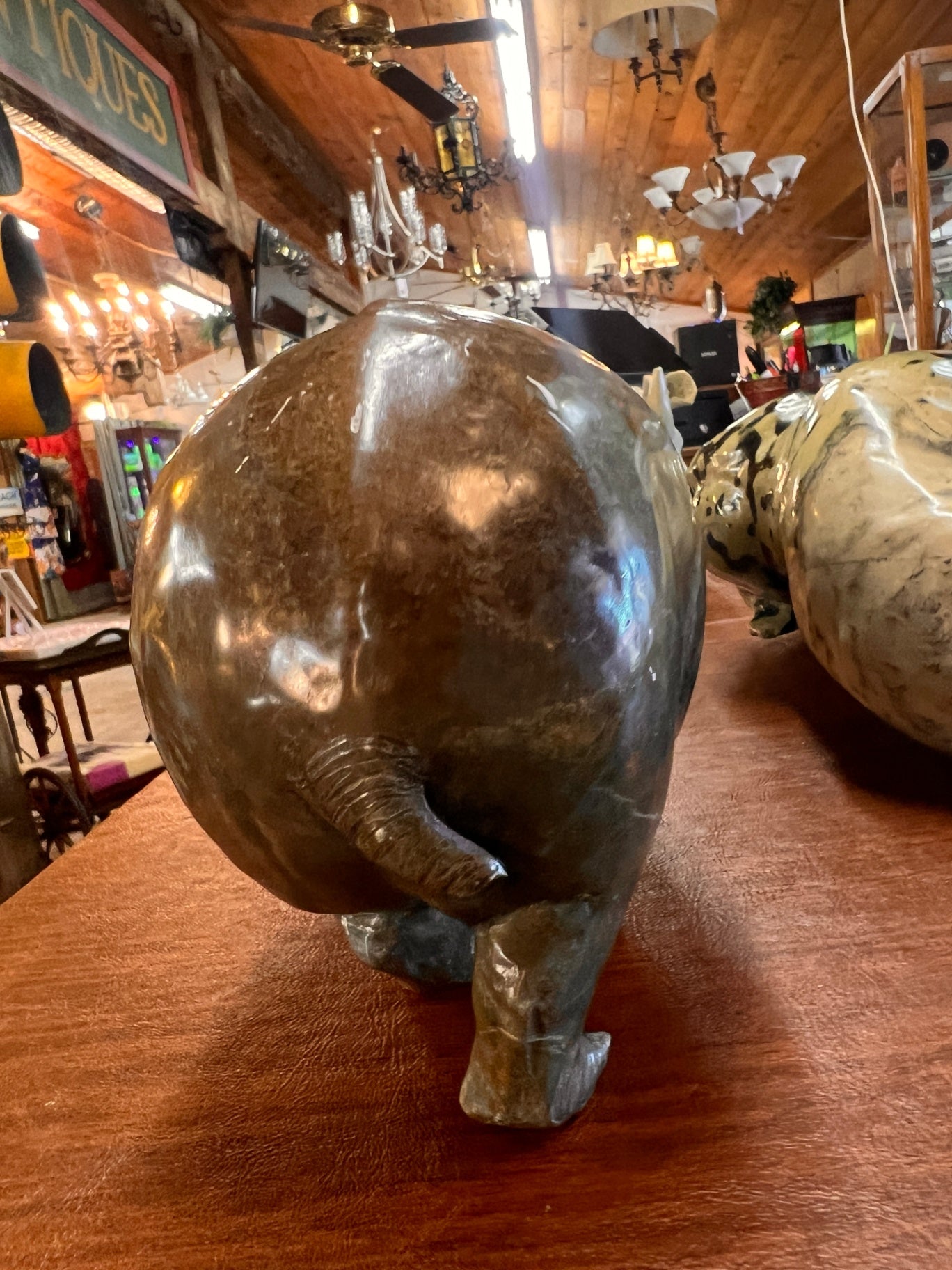 Vintage Hand Carved Stone Hippopotamus Sculpture – Polished Serpentine Marble Hippo Figurine 13” Natural Stone Decor