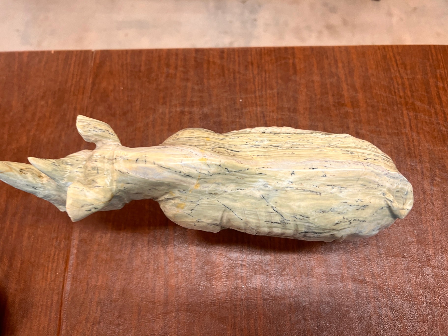 Vintage Hand Carved Stone Rhinoceros Sculpture – Banded Serpentine Marble Rhino Figurine 12” Natural Stone Decor