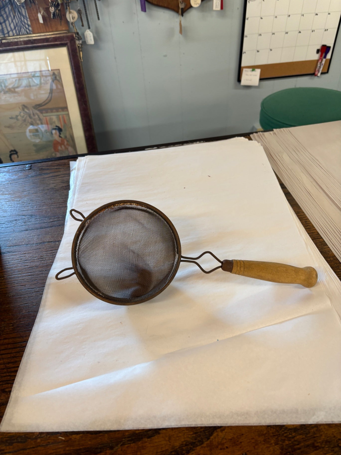 Vintage Handheld Kitchen Strainer | Metal Strainer with Wooden Handle