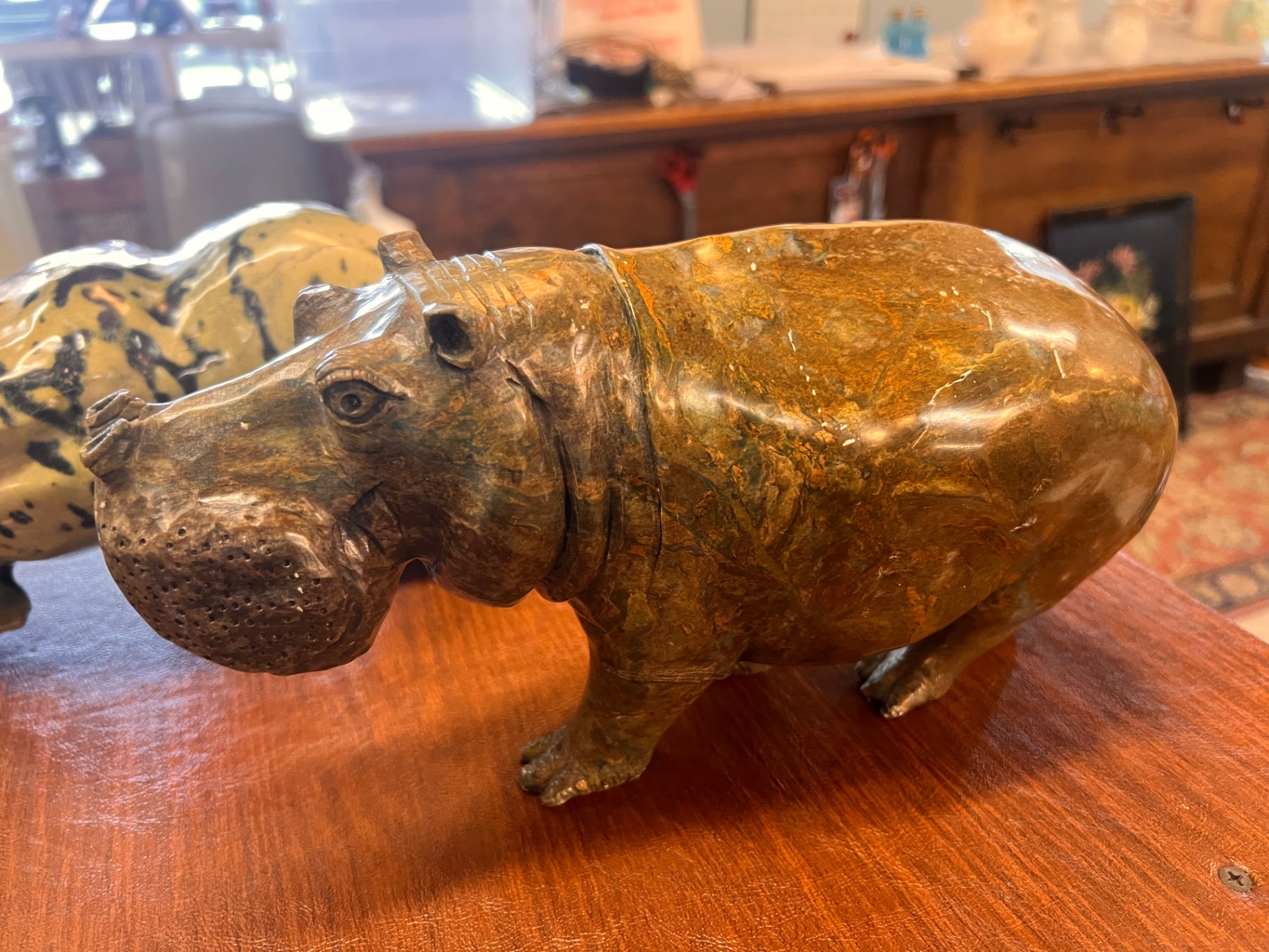 Vintage Hand Carved Stone Hippopotamus Sculpture – Polished Serpentine Marble Hippo Figurine 13” Natural Stone Decor