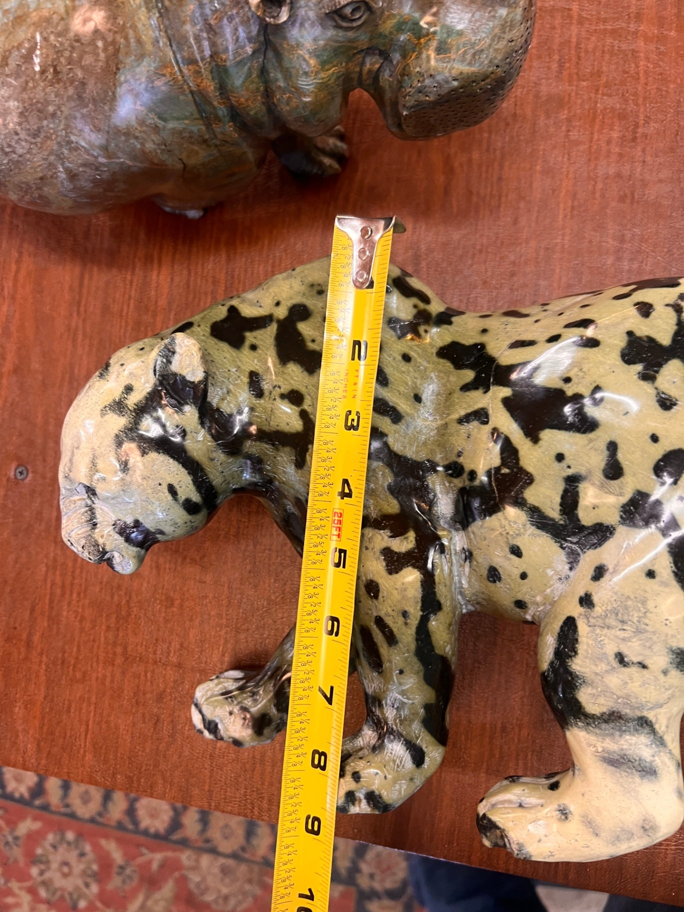 Vintage Hand Carved Stone Leopard Sculpture – Polished Green & Black Serpentine Panther Figurine 12” Decor