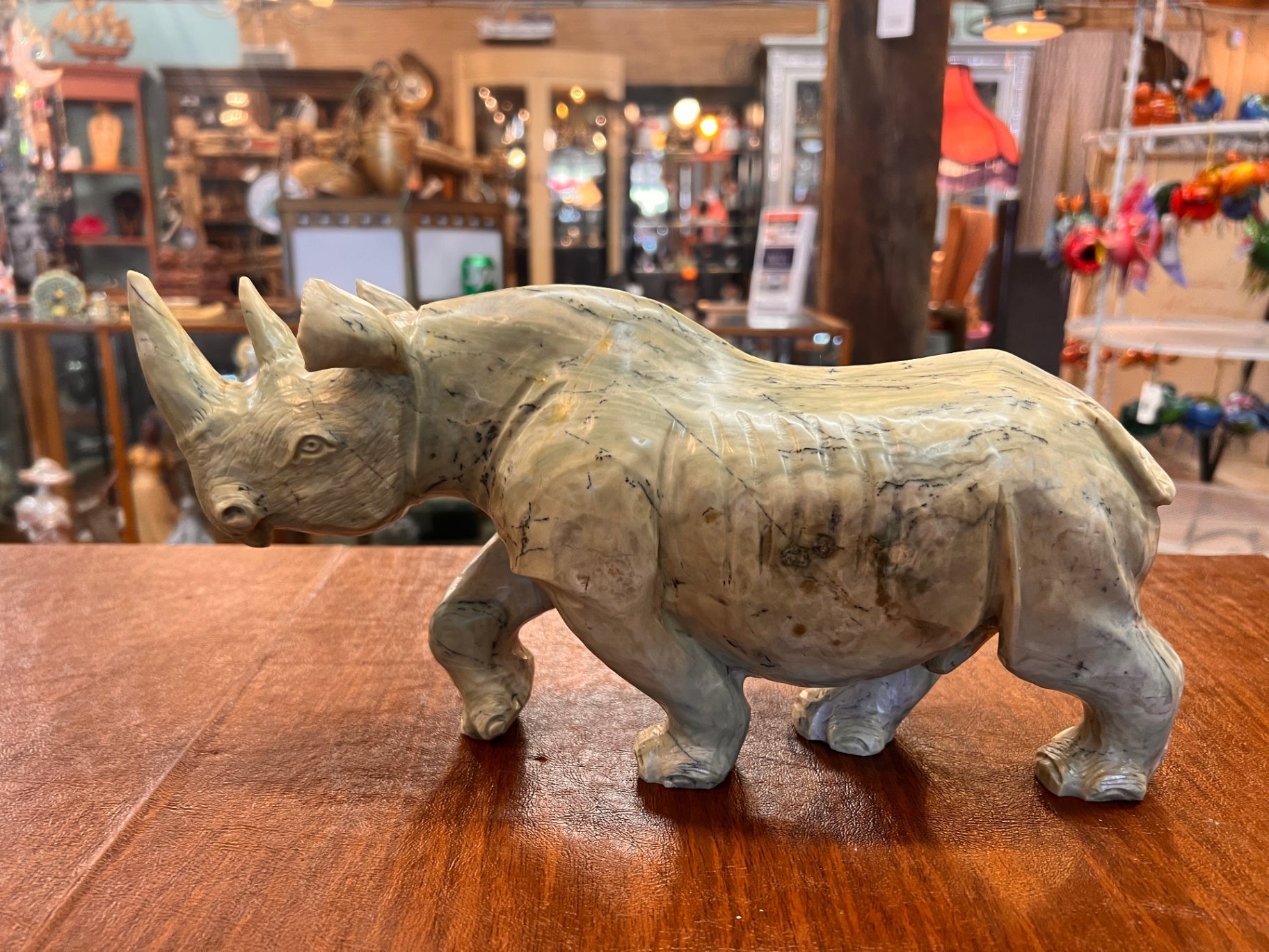 Vintage Hand Carved Stone Rhinoceros Sculpture – Banded Serpentine Marble Rhino Figurine 12” Natural Stone Decor