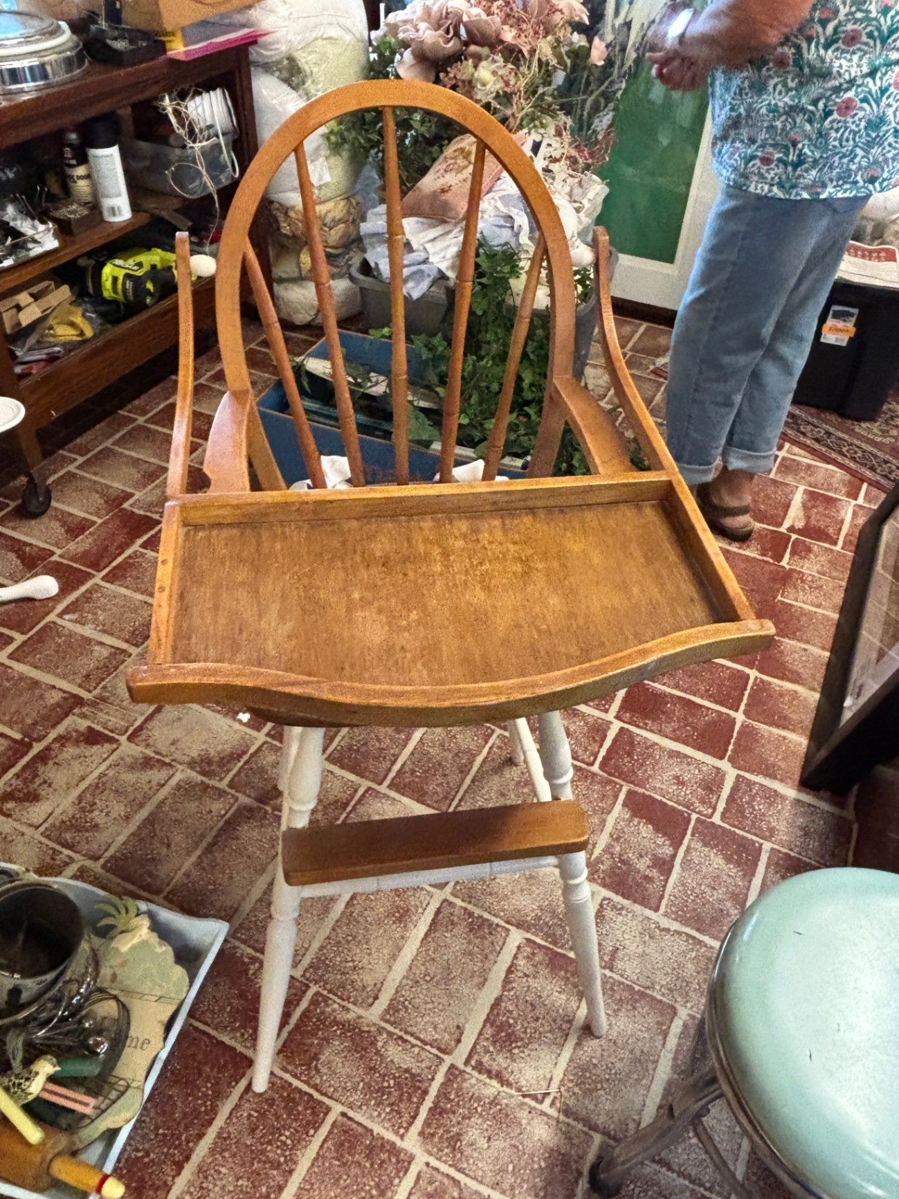 Vintage wooden high chair, likely dating from the 1940s or 1950s