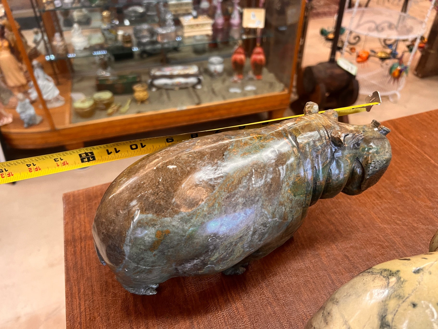 Vintage Hand Carved Stone Hippopotamus Sculpture – Polished Serpentine Marble Hippo Figurine 13” Natural Stone Decor