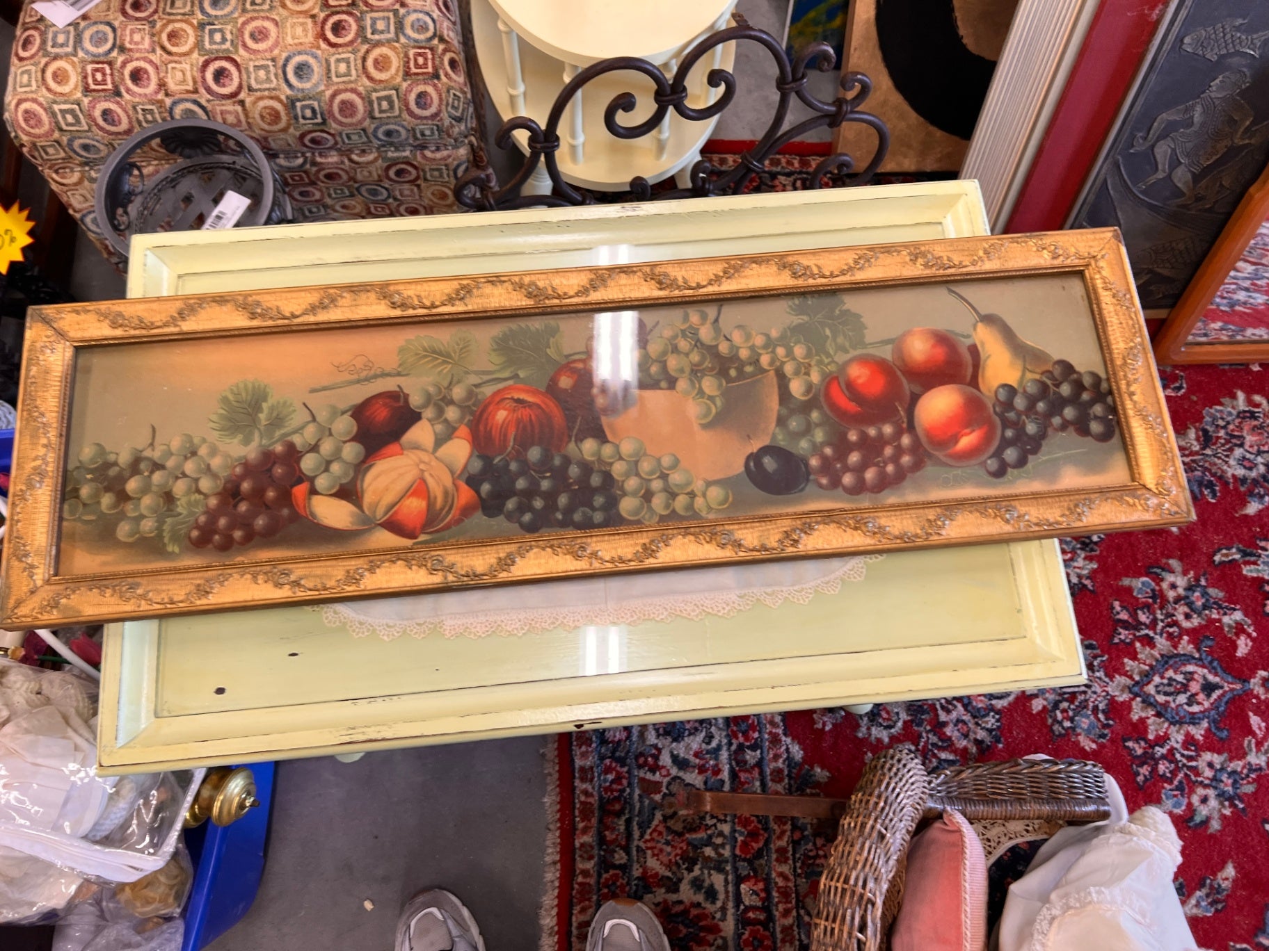 Vintage 36" antique FRUIT lithograph print wood carved gesso Wall Hanging still life framed ART large farmhouse cottage core home decor 30s