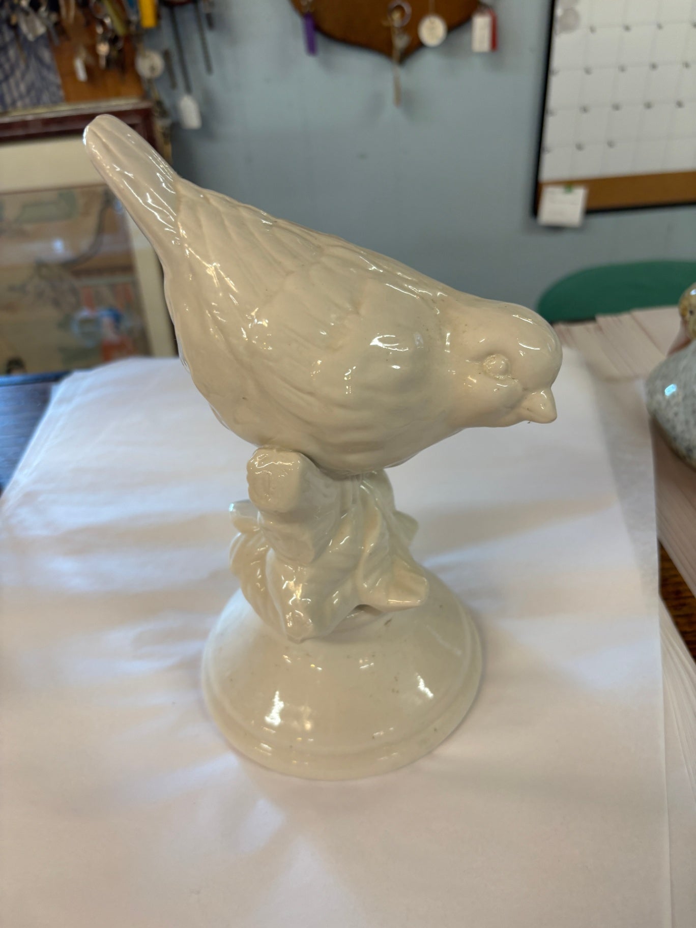 White Ceramic Bird On Branch Figurine Statue