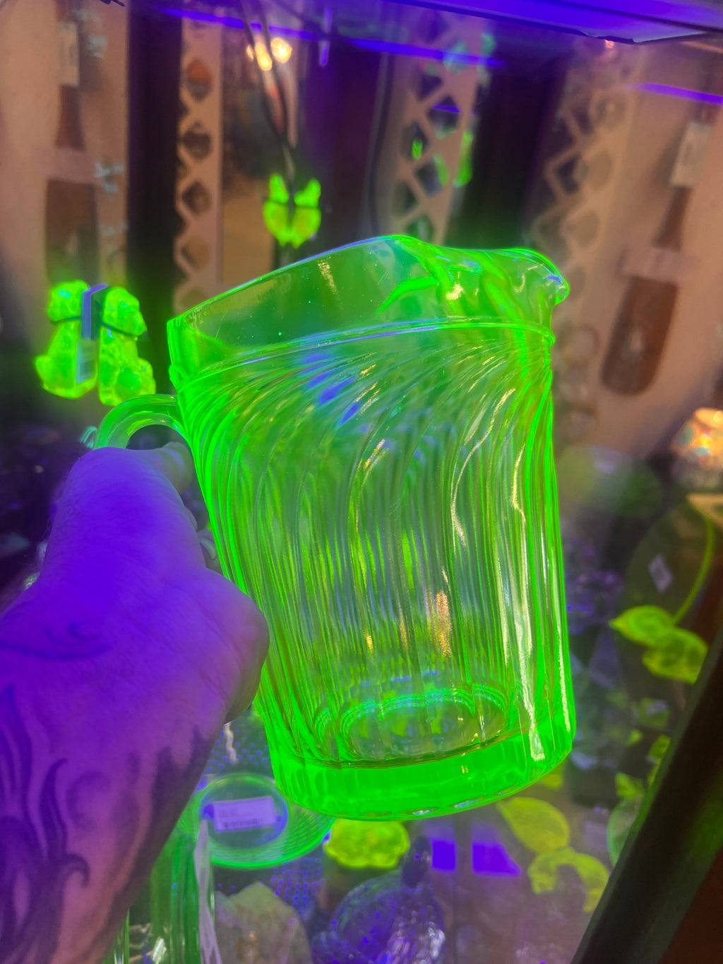 Vintage Uranium Glass Green Depression Glass Vaseline Glass Large Pitcher