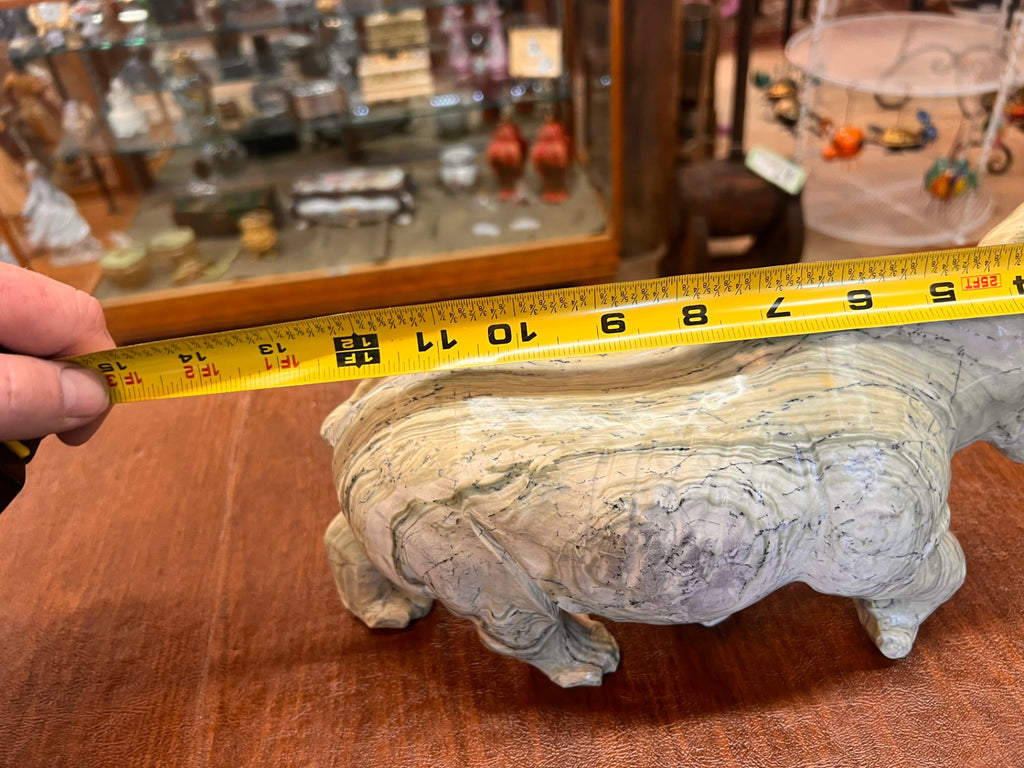 Vintage Hand Carved Stone Rhinoceros Sculpture – Banded Serpentine Marble Rhino Figurine 12” Natural Stone Decor
