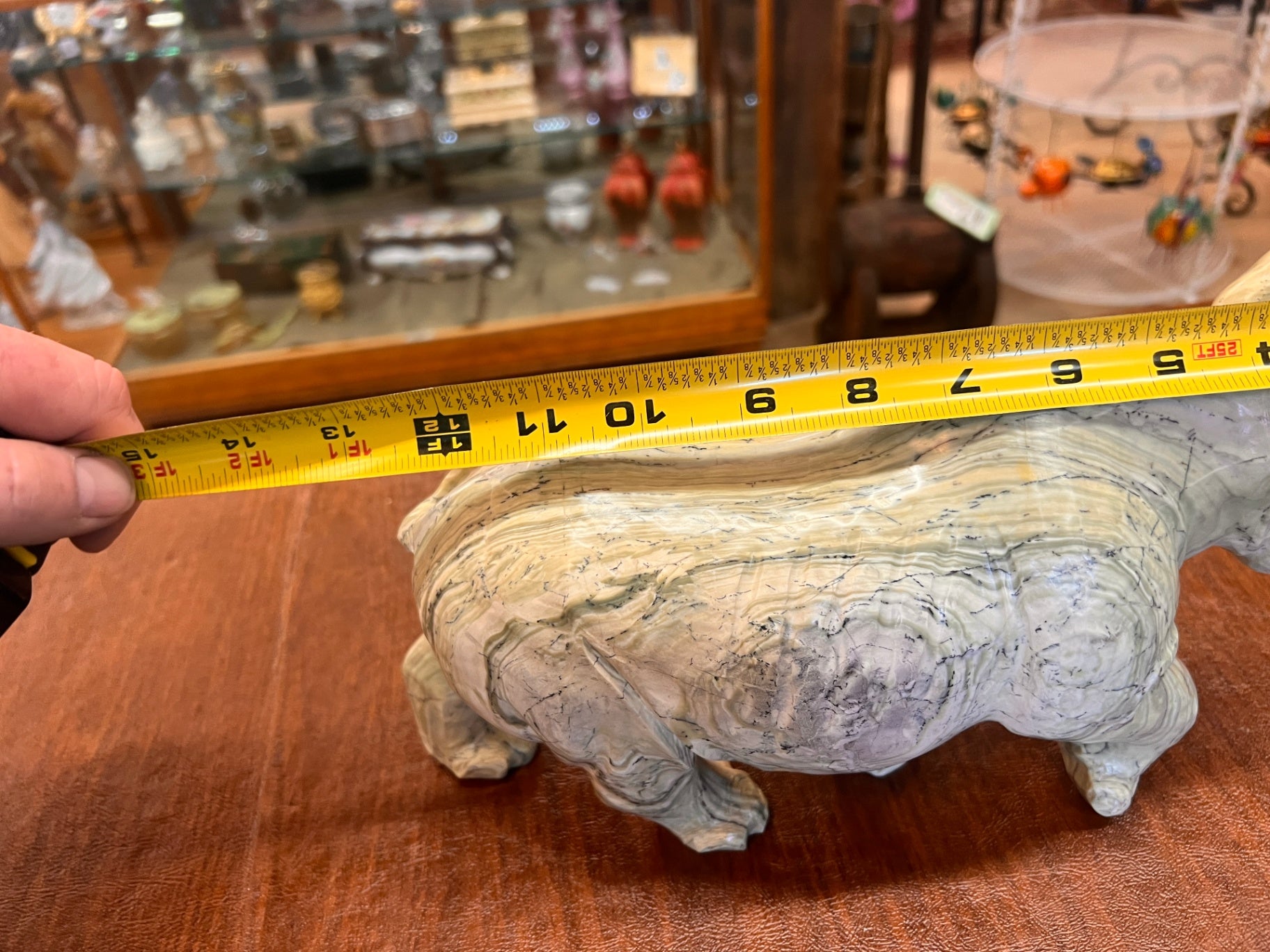 Vintage Hand Carved Stone Rhinoceros Sculpture – Banded Serpentine Marble Rhino Figurine 12” Natural Stone Decor