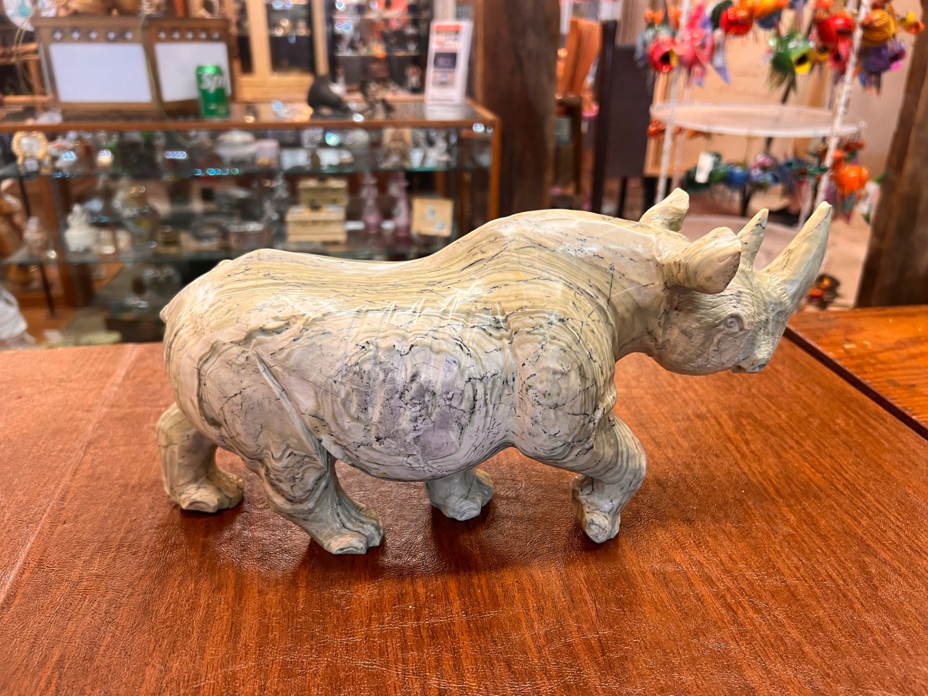 Vintage Hand Carved Stone Rhinoceros Sculpture – Banded Serpentine Marble Rhino Figurine 12” Natural Stone Decor