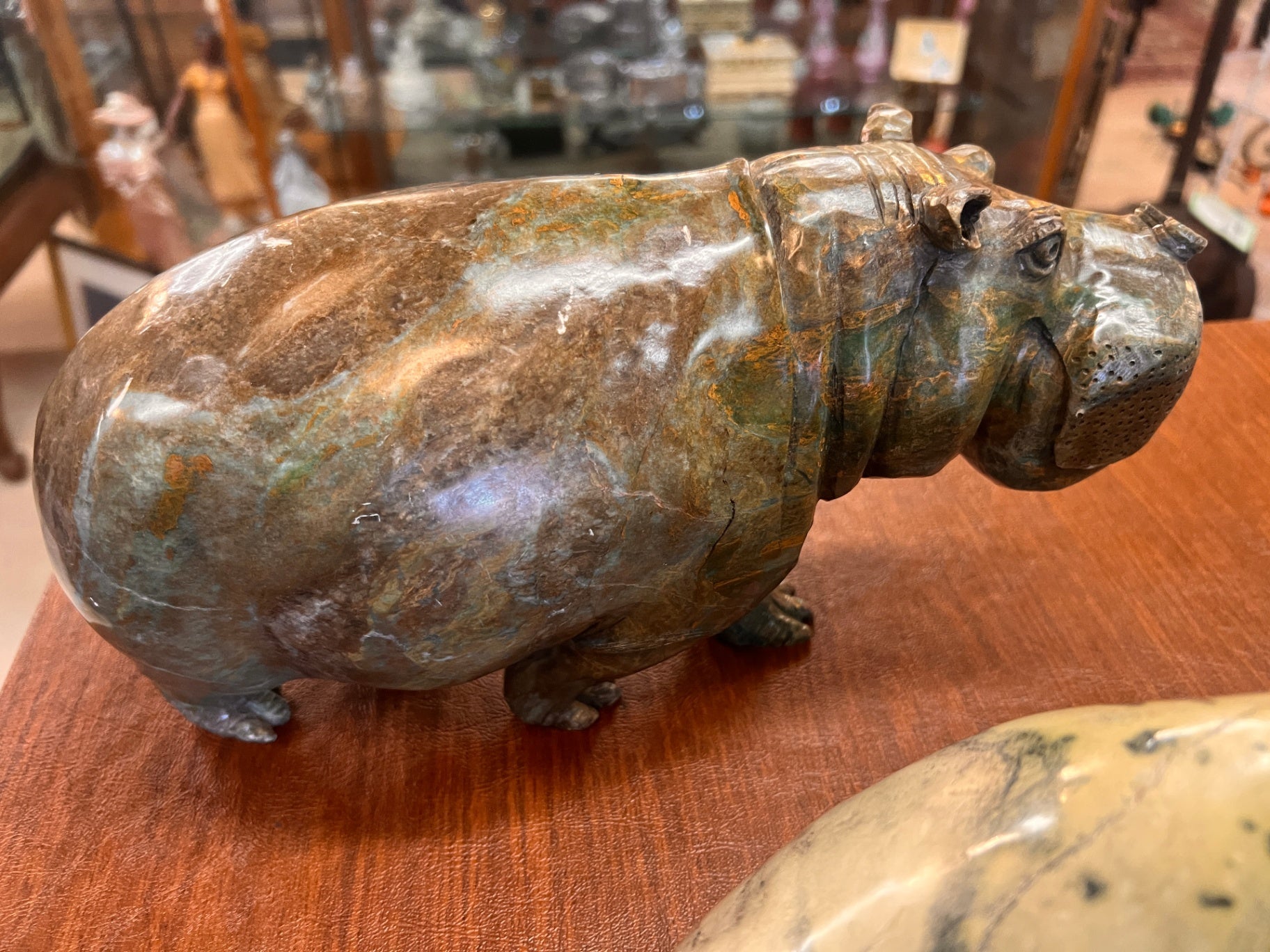 Vintage Hand Carved Stone Hippopotamus Sculpture – Polished Serpentine Marble Hippo Figurine 13” Natural Stone Decor