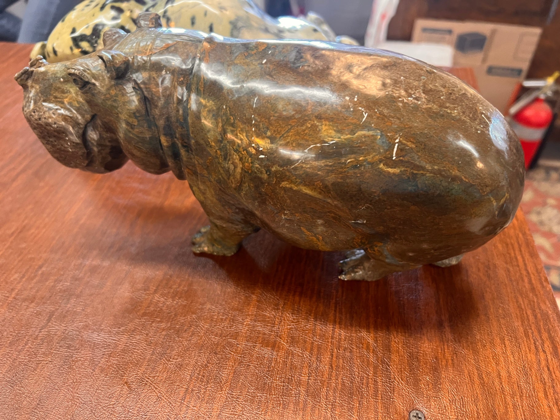 Vintage Hand Carved Stone Hippopotamus Sculpture – Polished Serpentine Marble Hippo Figurine 13” Natural Stone Decor