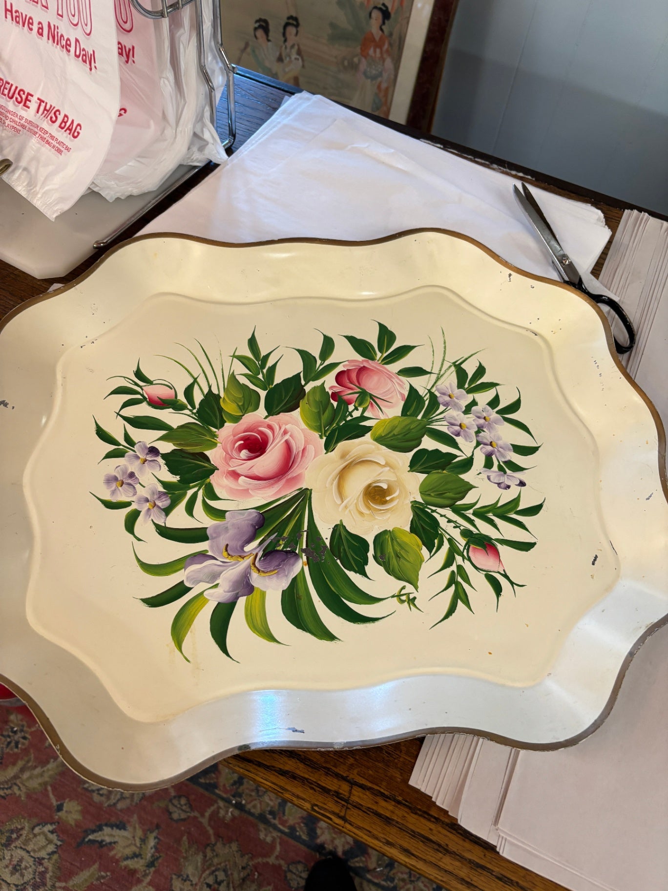  Vintage Tole Painted Tray, Hand Painted