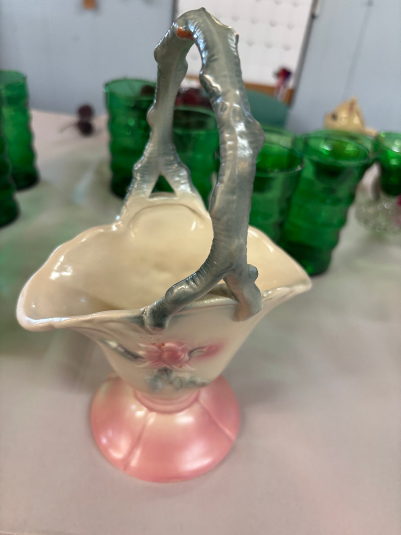 Vintage Hull Art Pottery - Woodland Pattern #W-9 - "Hi-Gloss" Chartreuse and Pink Tinted Background - 8 3/4" Basket - 1952-1954