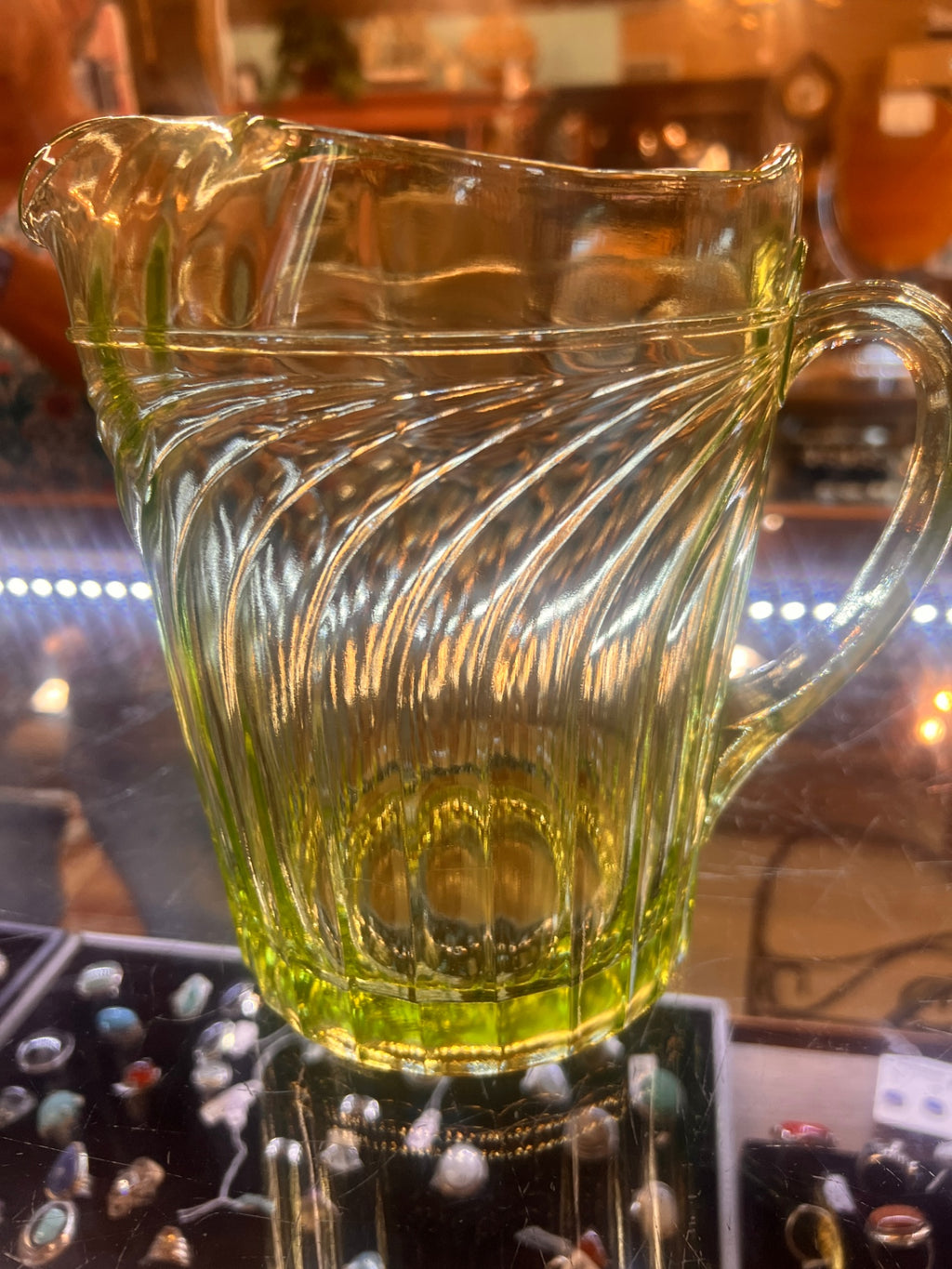 Vintage Uranium Glass Green Depression Glass Vaseline Glass Large Pitcher