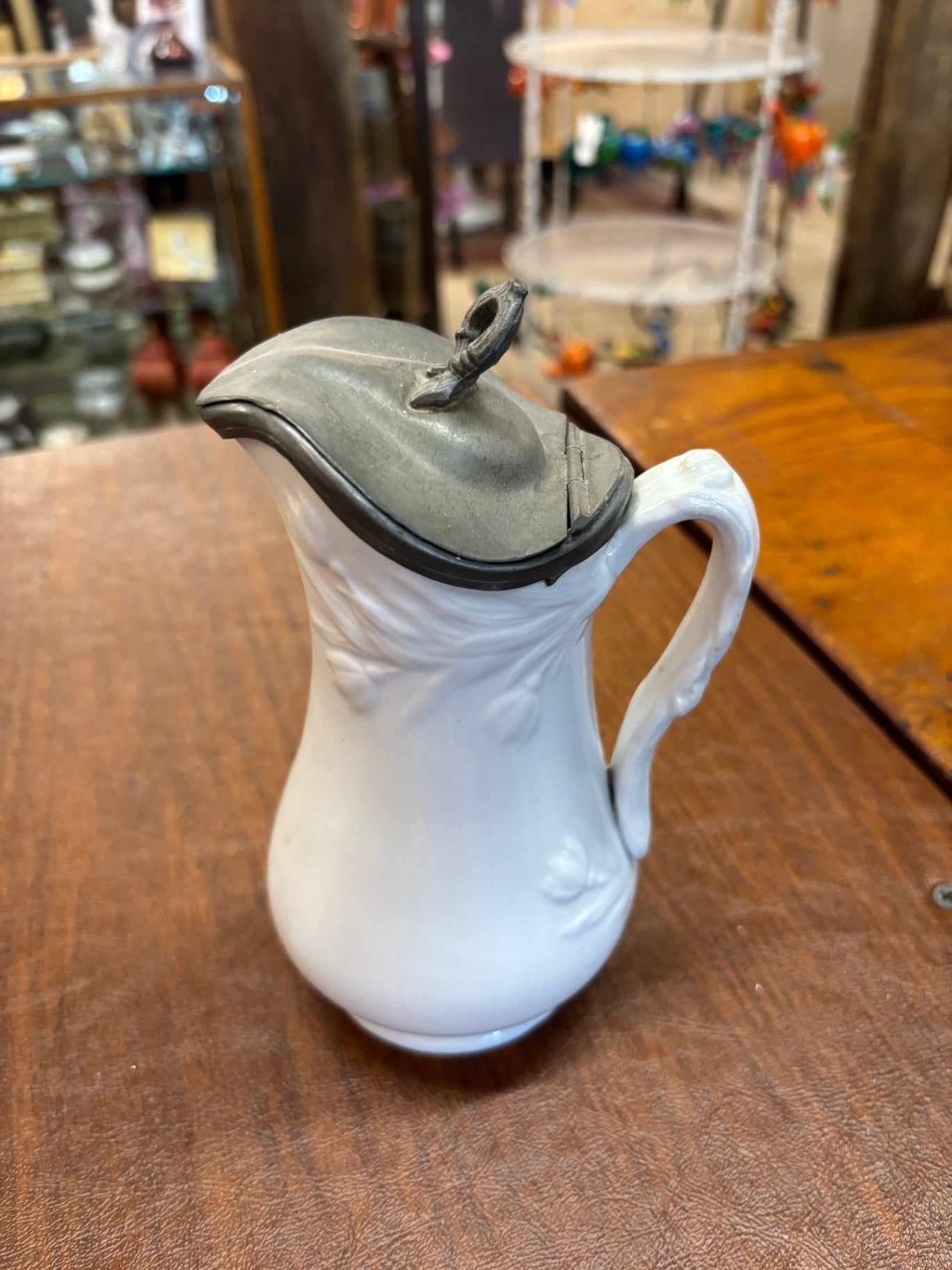 English Victorian Syrup or Milk Jug with a Pewter Lid