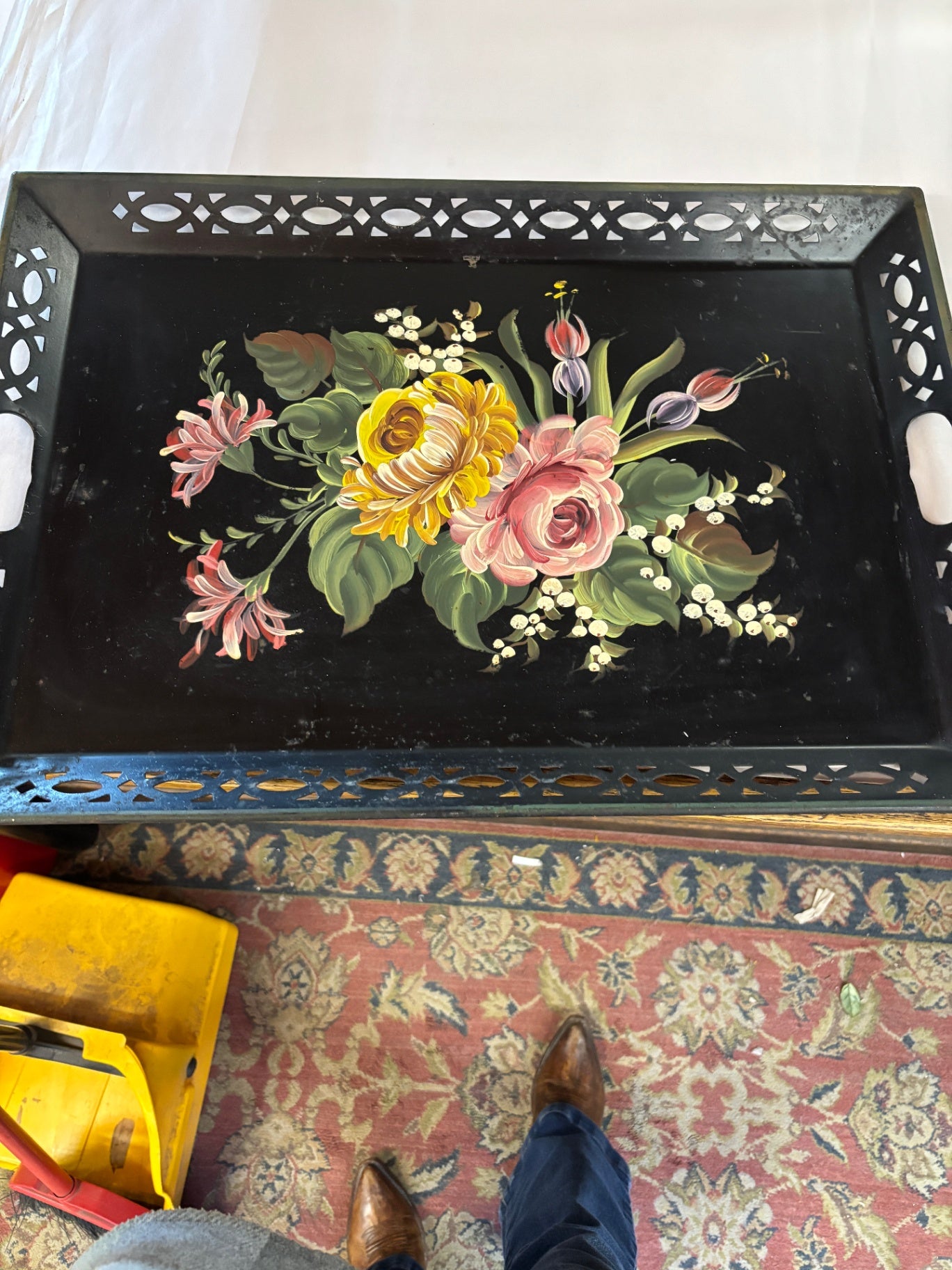 Vintage Hand Painted Floral Display on Metal Black Painted Tray 16.5 x 12.5