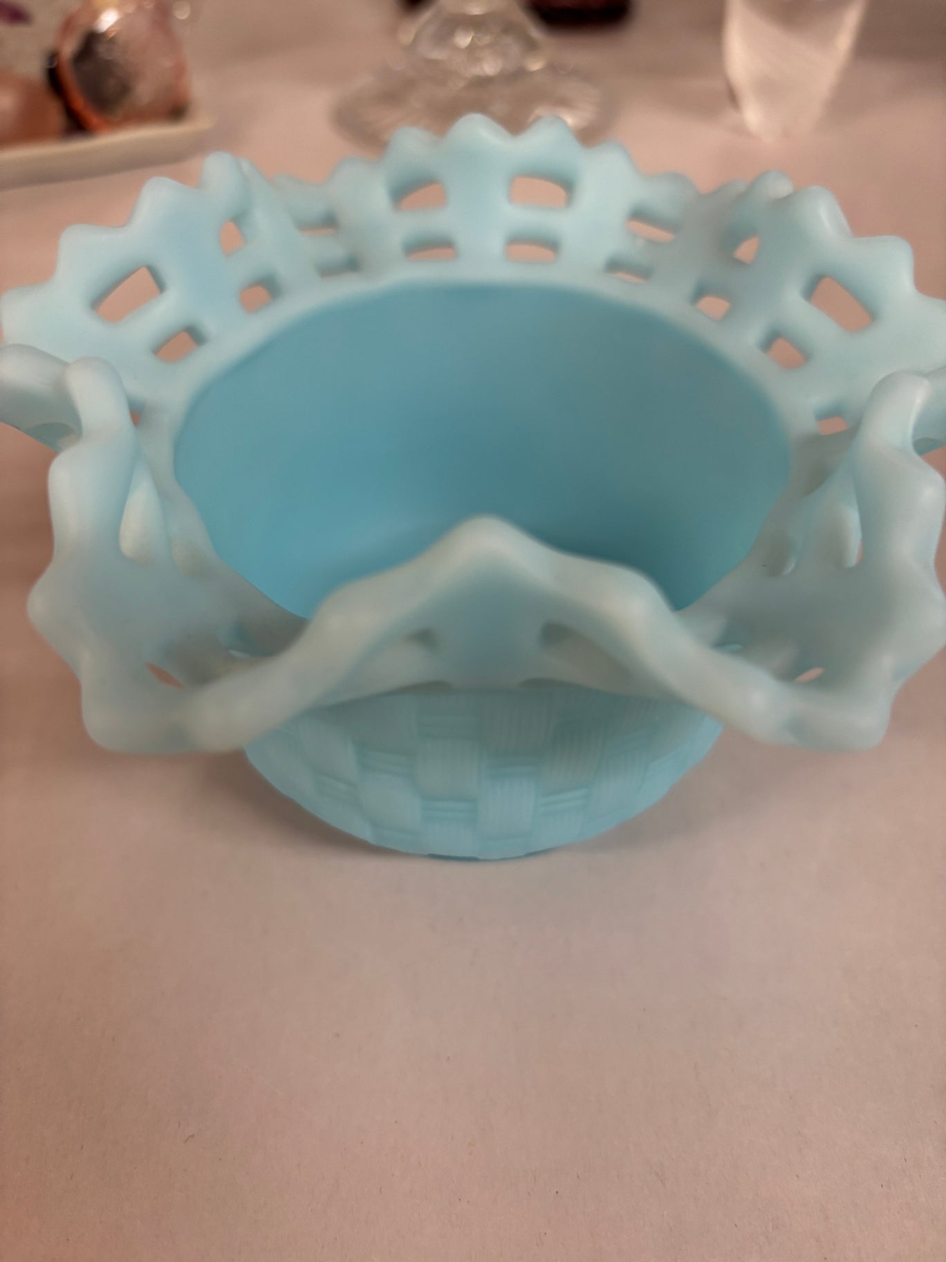 Vintage Fenton Blue Satin Glass Candy Dish Basket Weave Lace Bowl