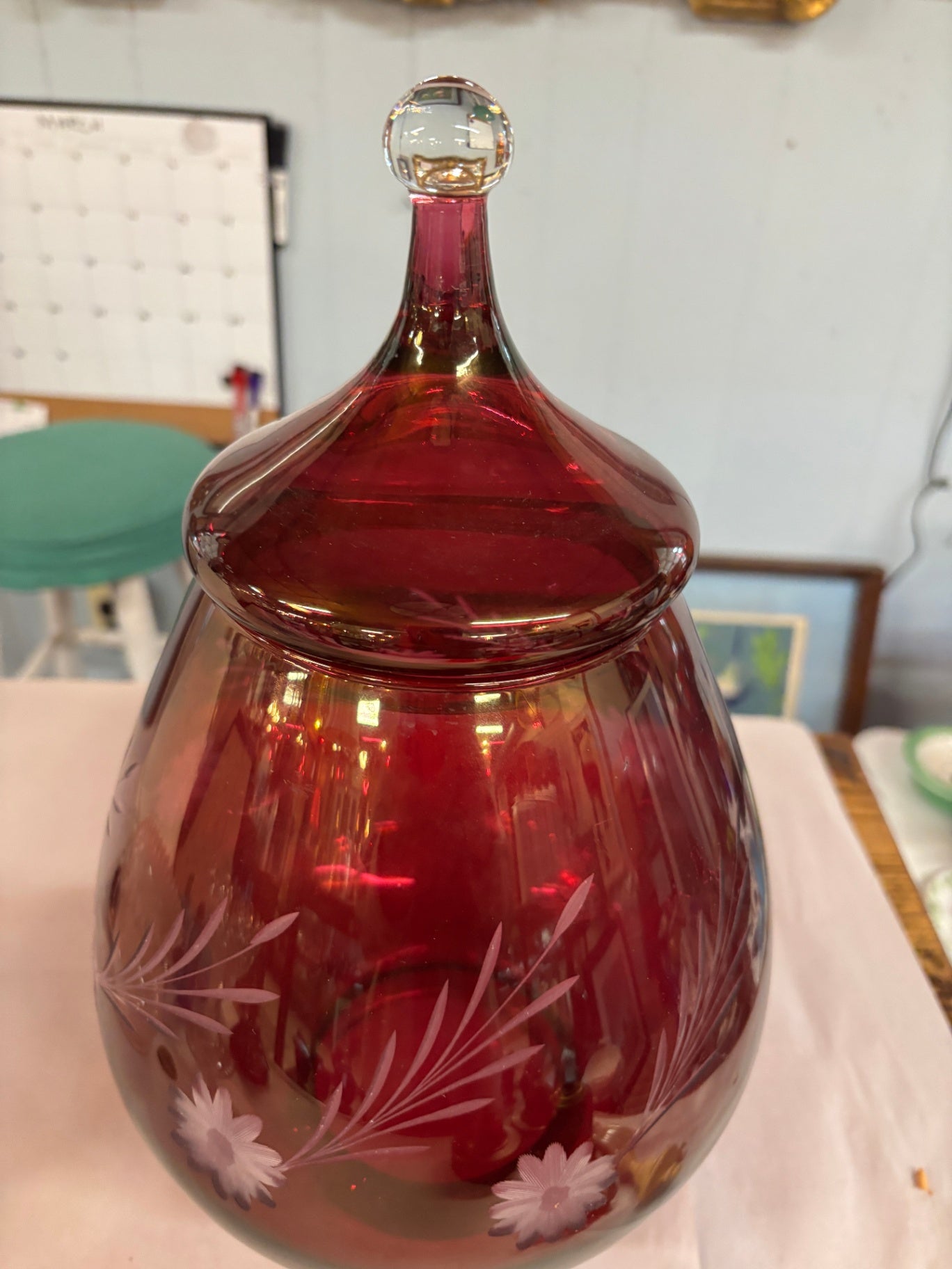  Vintage Flashed Cranberry Floral Etched Footed Compote Glass