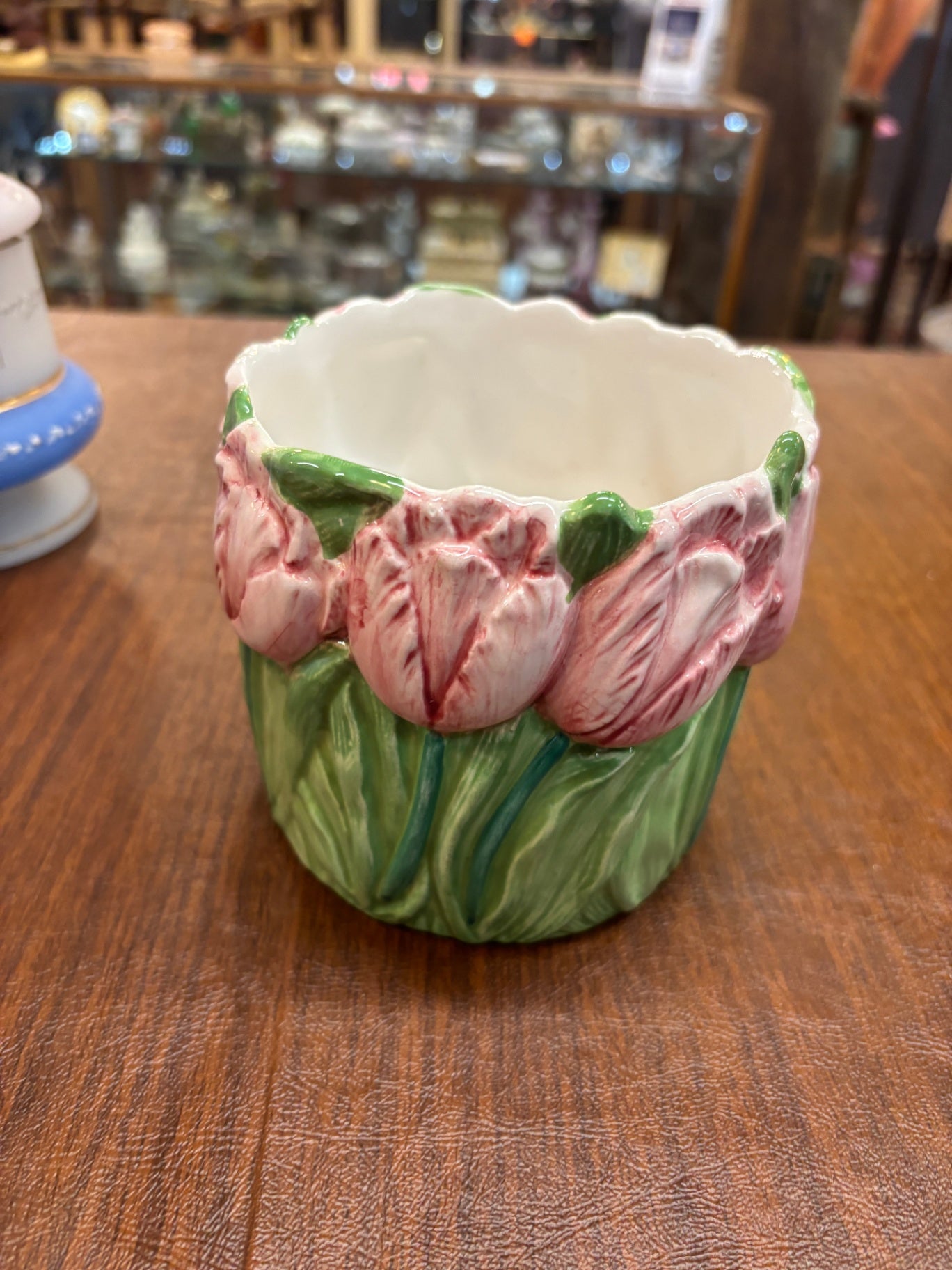 Vintage Spring 3D Pink Green Tulip Ceramic Flowerpot 4" Vase /Trinket Candy
