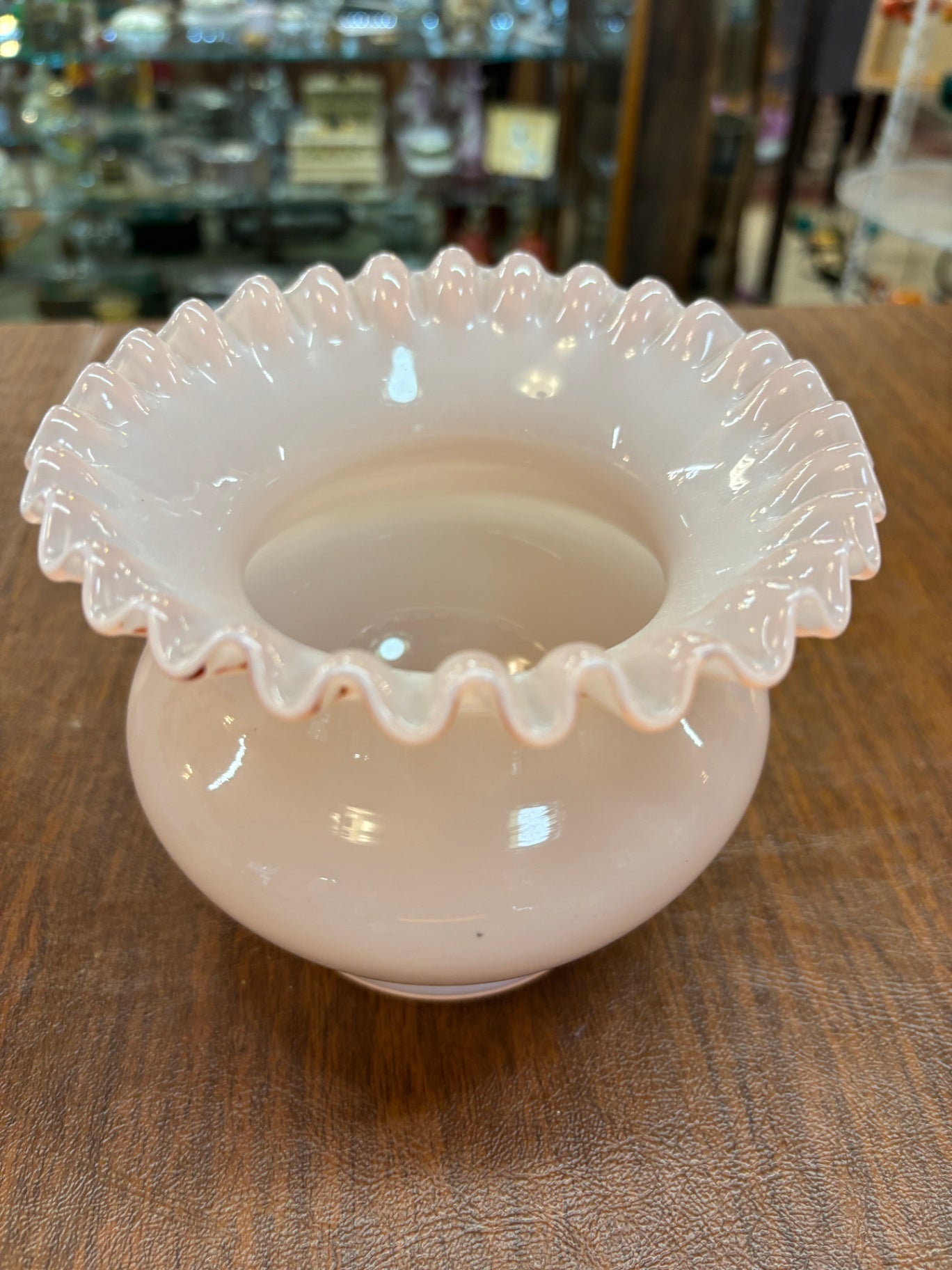 Vintage Fenton Rose Overlay Pink Bowl Ruffled Edge