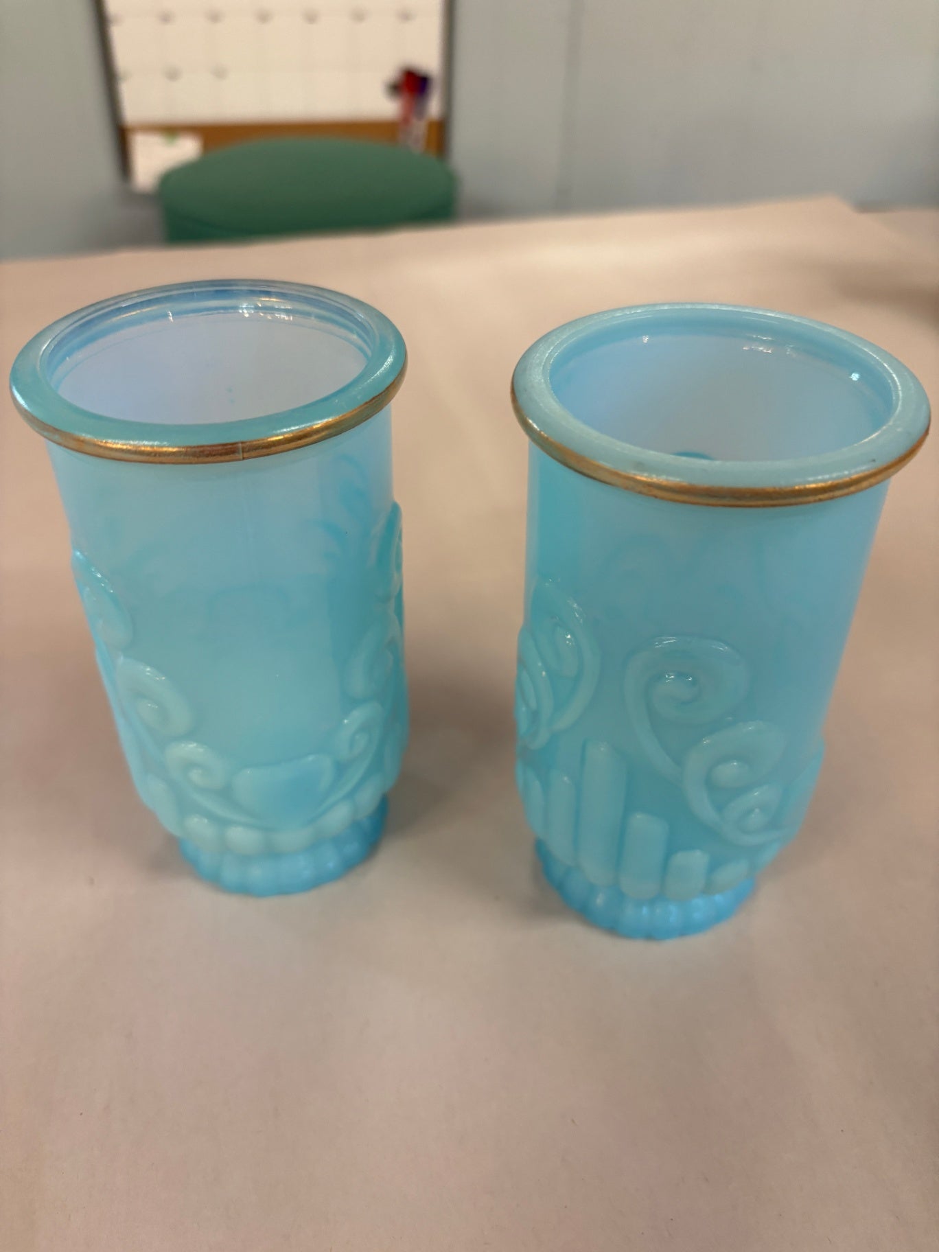 2 VTG Mid Century "Avon" "Frosted Sky Blue with Gold Trim" 10 oz. Glasses