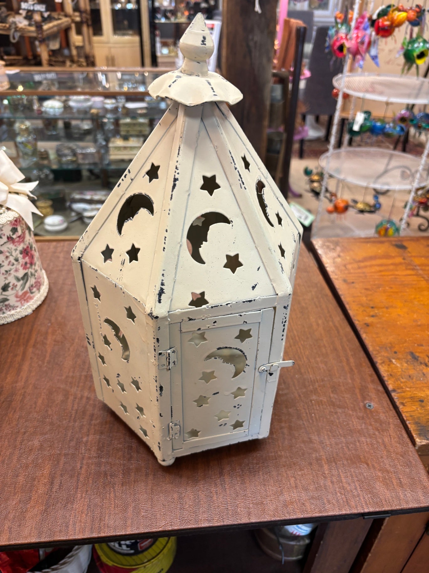 Distressed white metal lantern Candle Holder