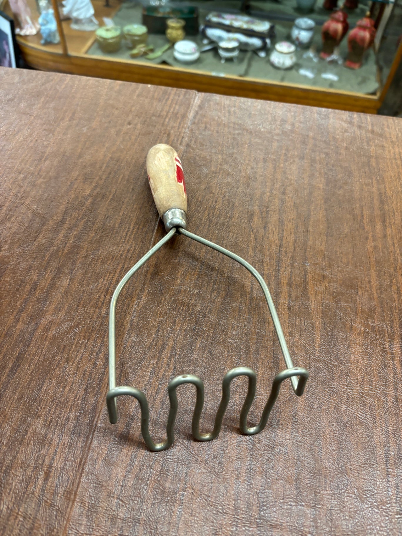 Vintage Potato Masher Utensil Wood Handle w/ Chippy Red Paint Farmhouse Country
