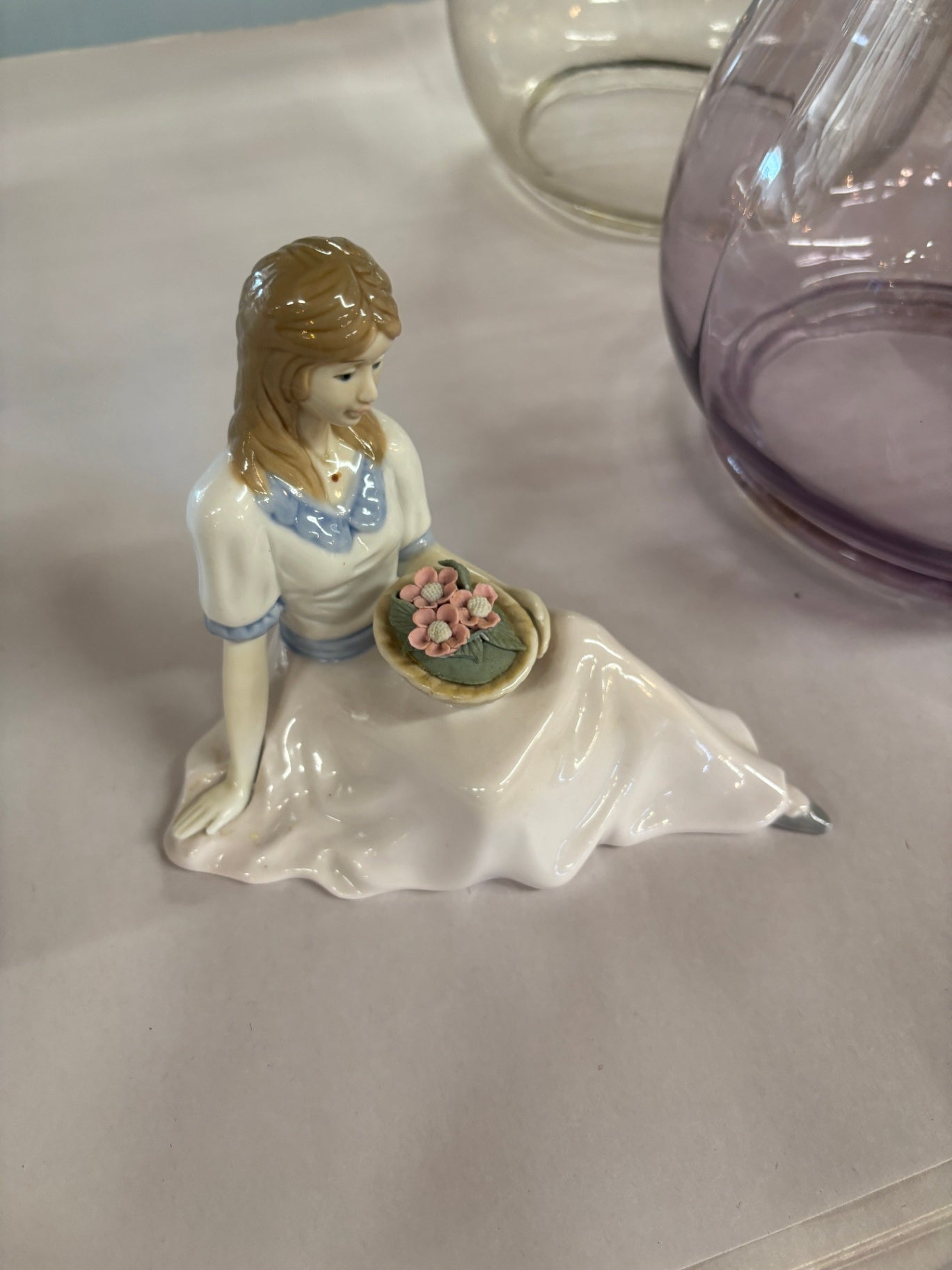 VTG Porcelain Cuernavaca Mexico Girl With Basket Of Pink Flowers