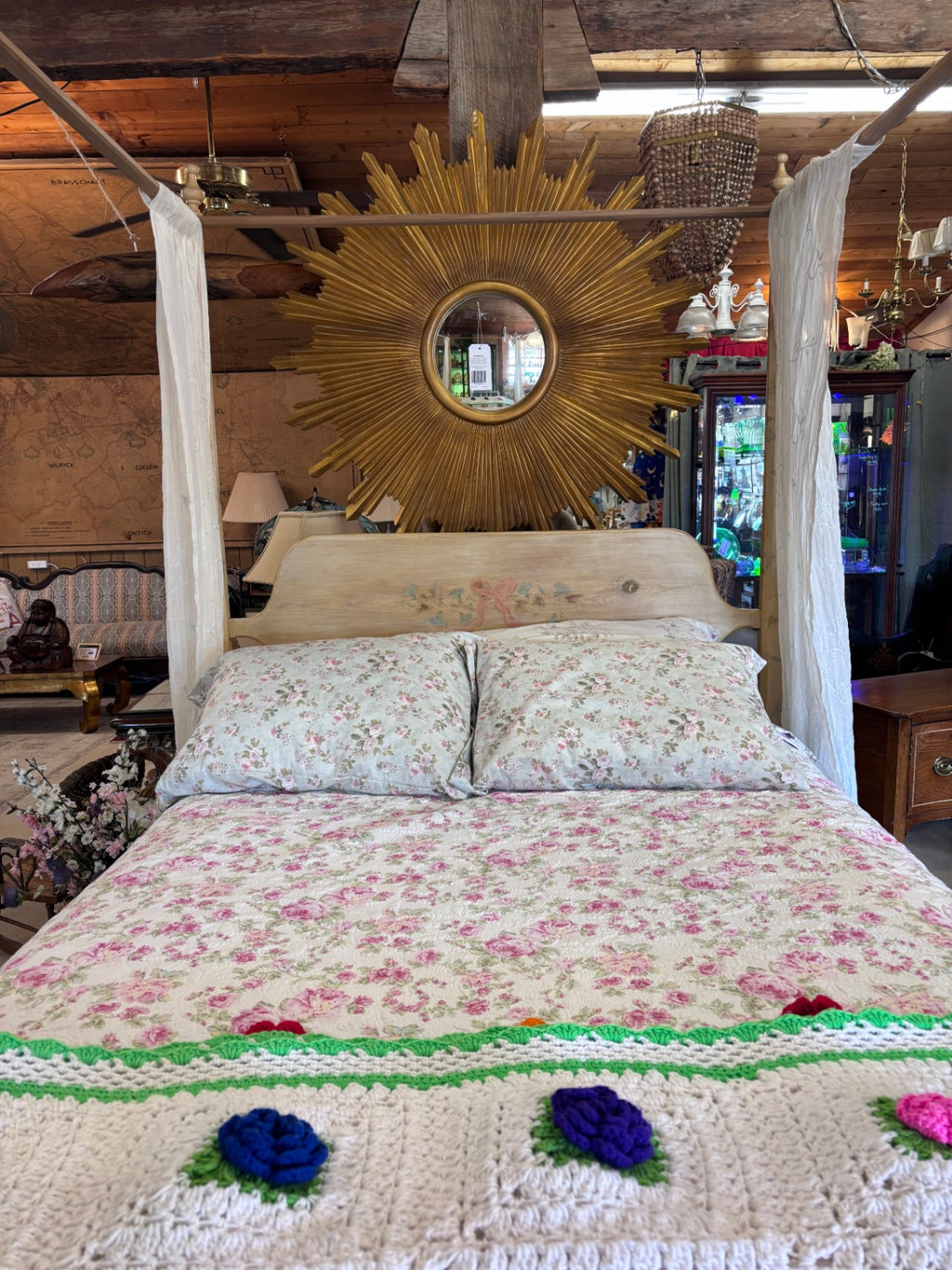 Hand Painted Canopy Bed with floral shabby chic style