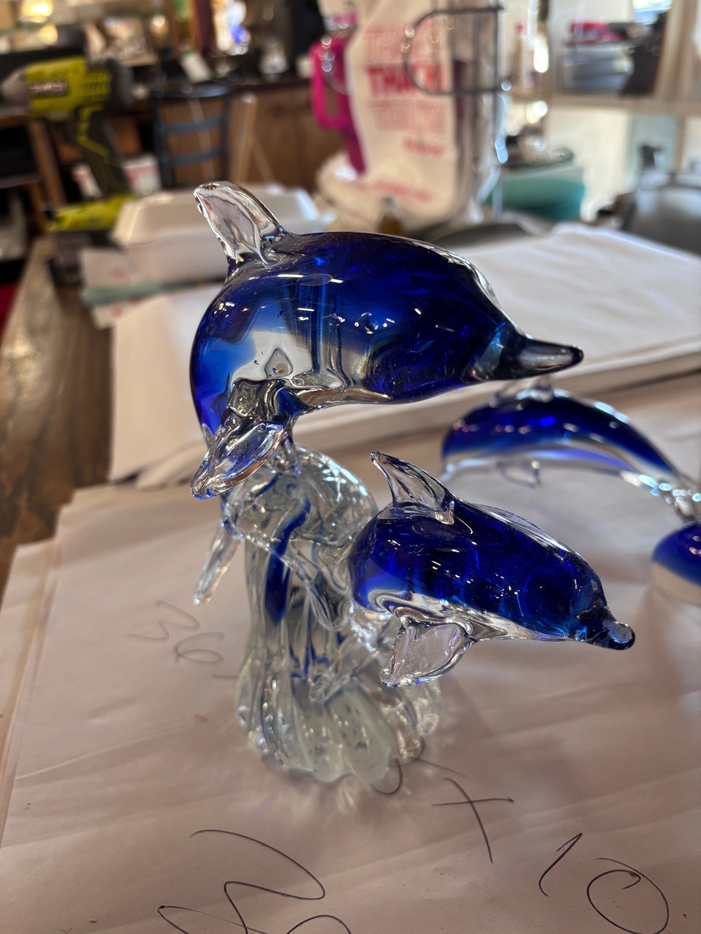 Large Glass 8" Two Blue Dolphins/Porpoises Jumping