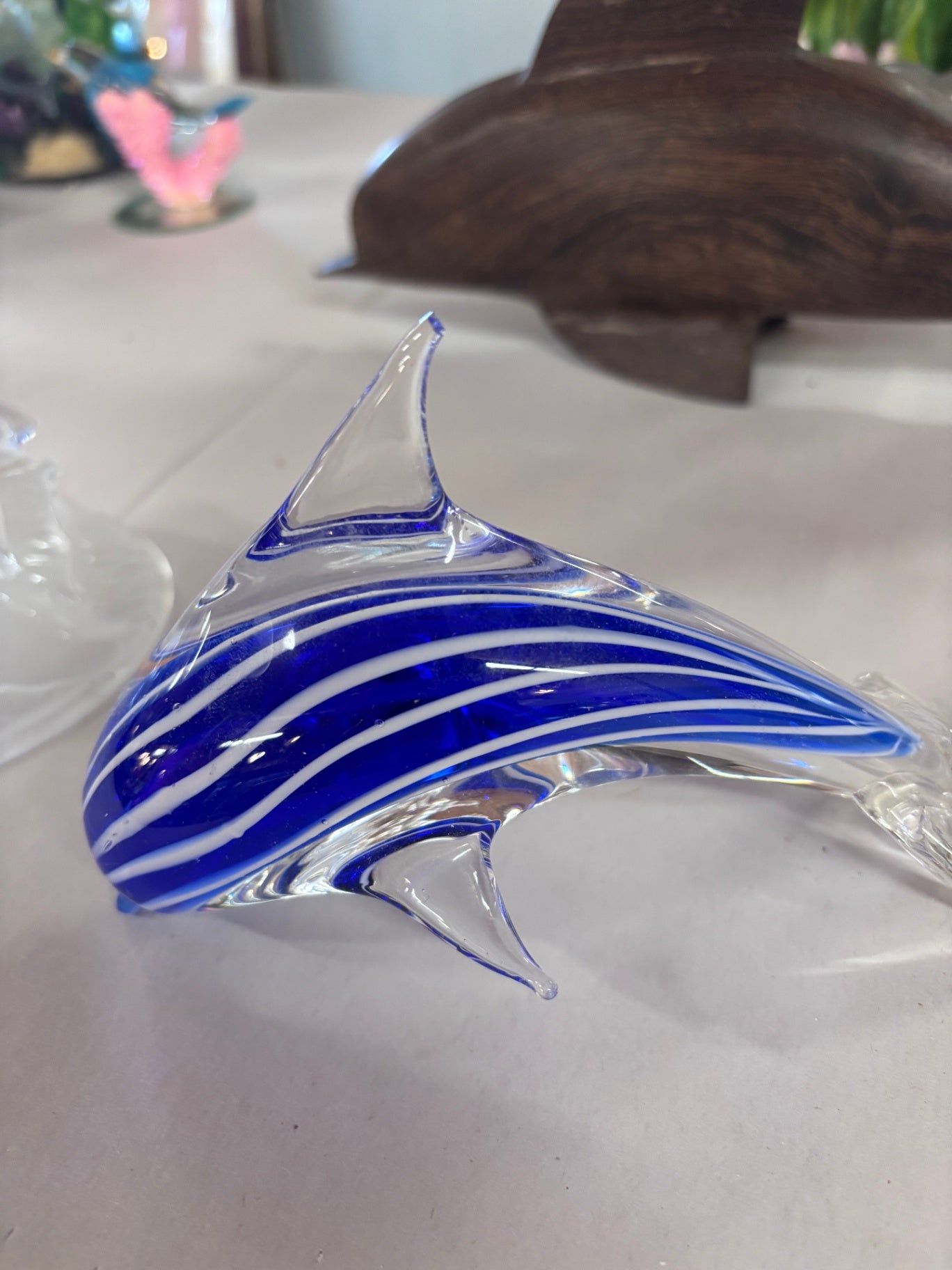 Vintage Art Glass Blue White Striped Dolphin Figurine