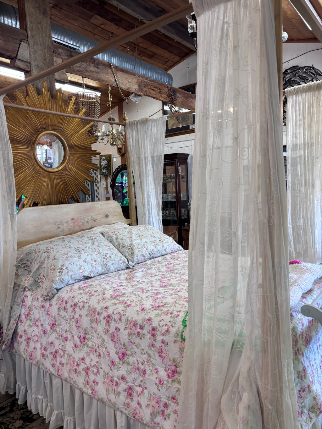 Hand Painted Canopy Bed with floral shabby chic style
