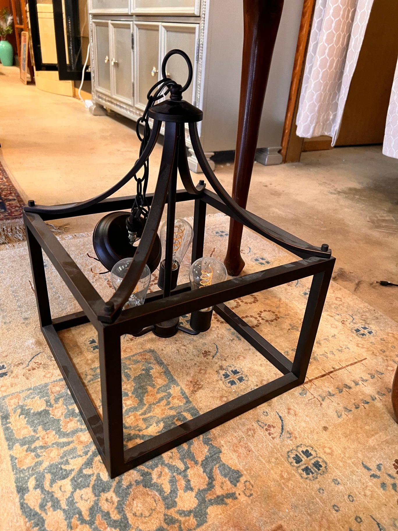 4-Light Matt Black Farmhouse Chandelier Fixture Square Pendant Light With Caged Metal Shade