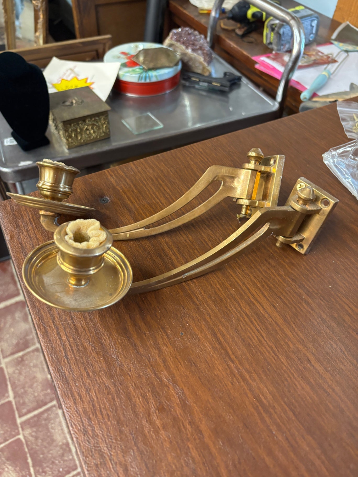 Art Nouveau brass piano candle sconces