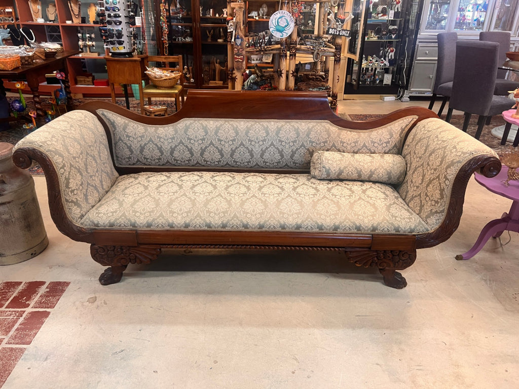 American Empire Revival Mahogany Sofa – Duncan Phyfe Style, Carved Claw Feet, Scroll Arms, Upholstered Parlor Couch