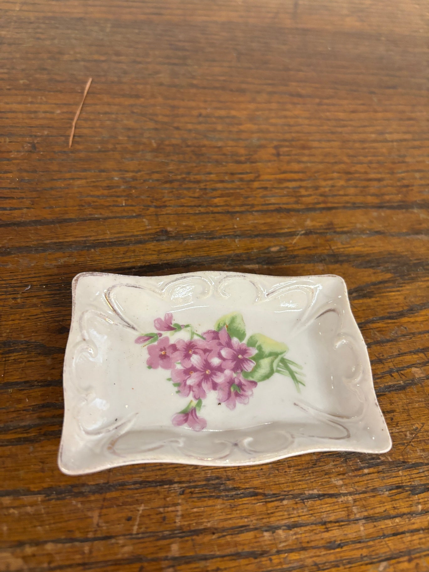 Victorian Antique Hand Painted Porcelain Purple Flower 4-1/2" X 3" Dresser Tray