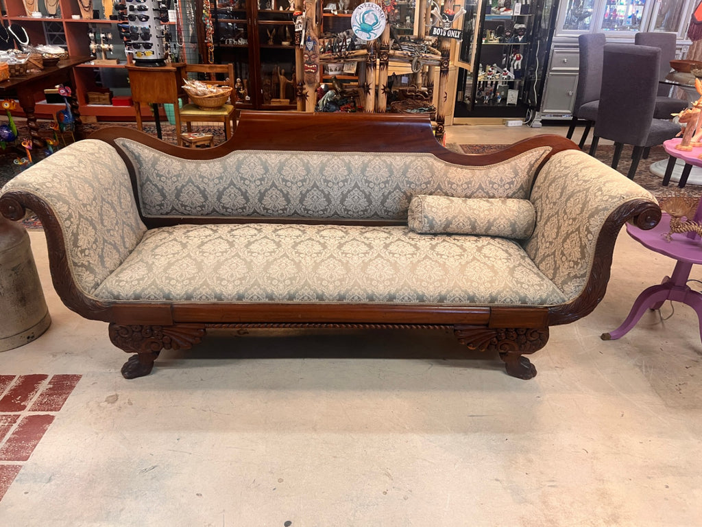American Empire Revival Mahogany Sofa – Duncan Phyfe Style, Carved Claw Feet, Scroll Arms, Upholstered Parlor Couch