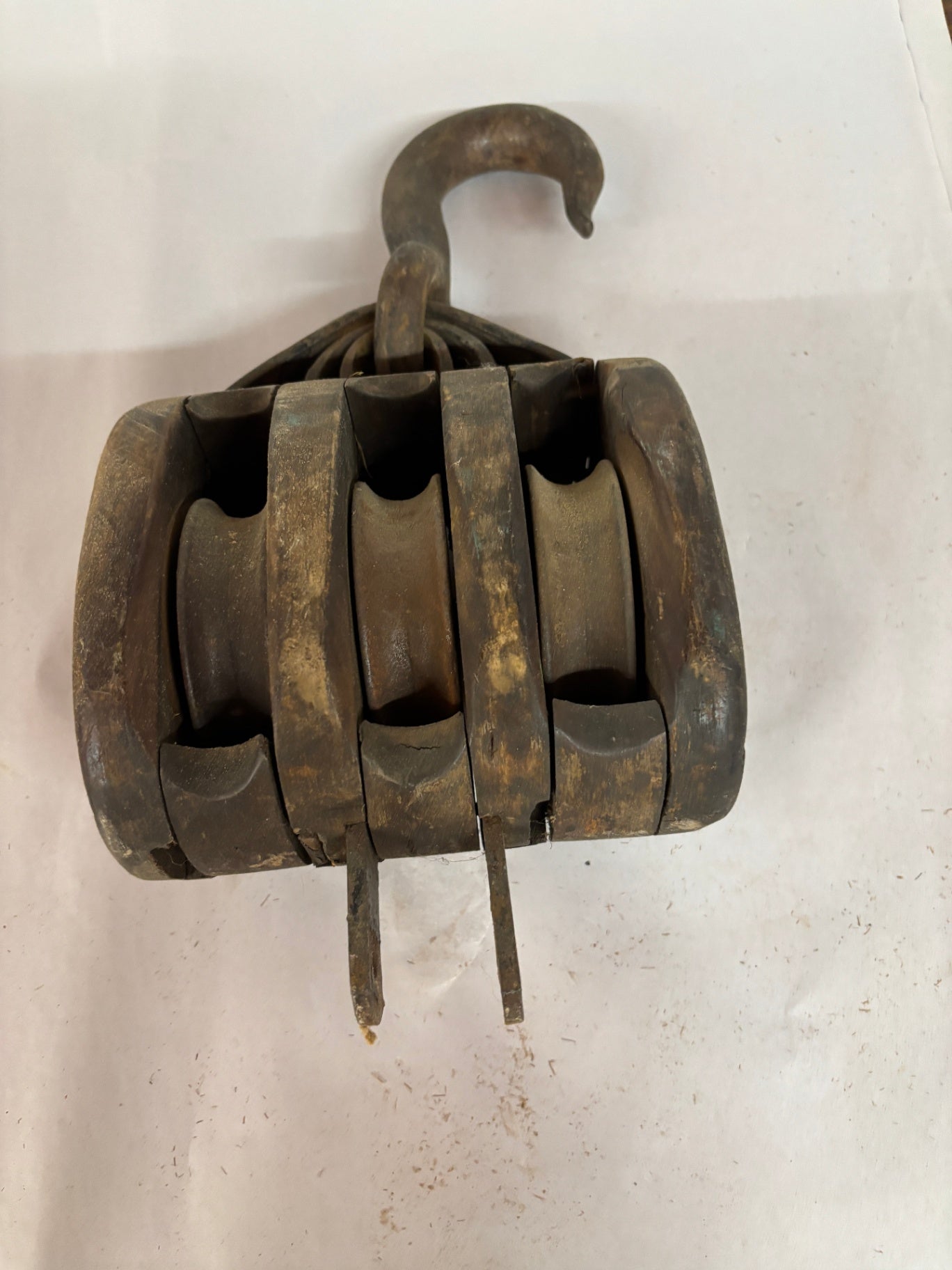  Vintage Triple-Sheave Wooden Block and Tackle Pulley