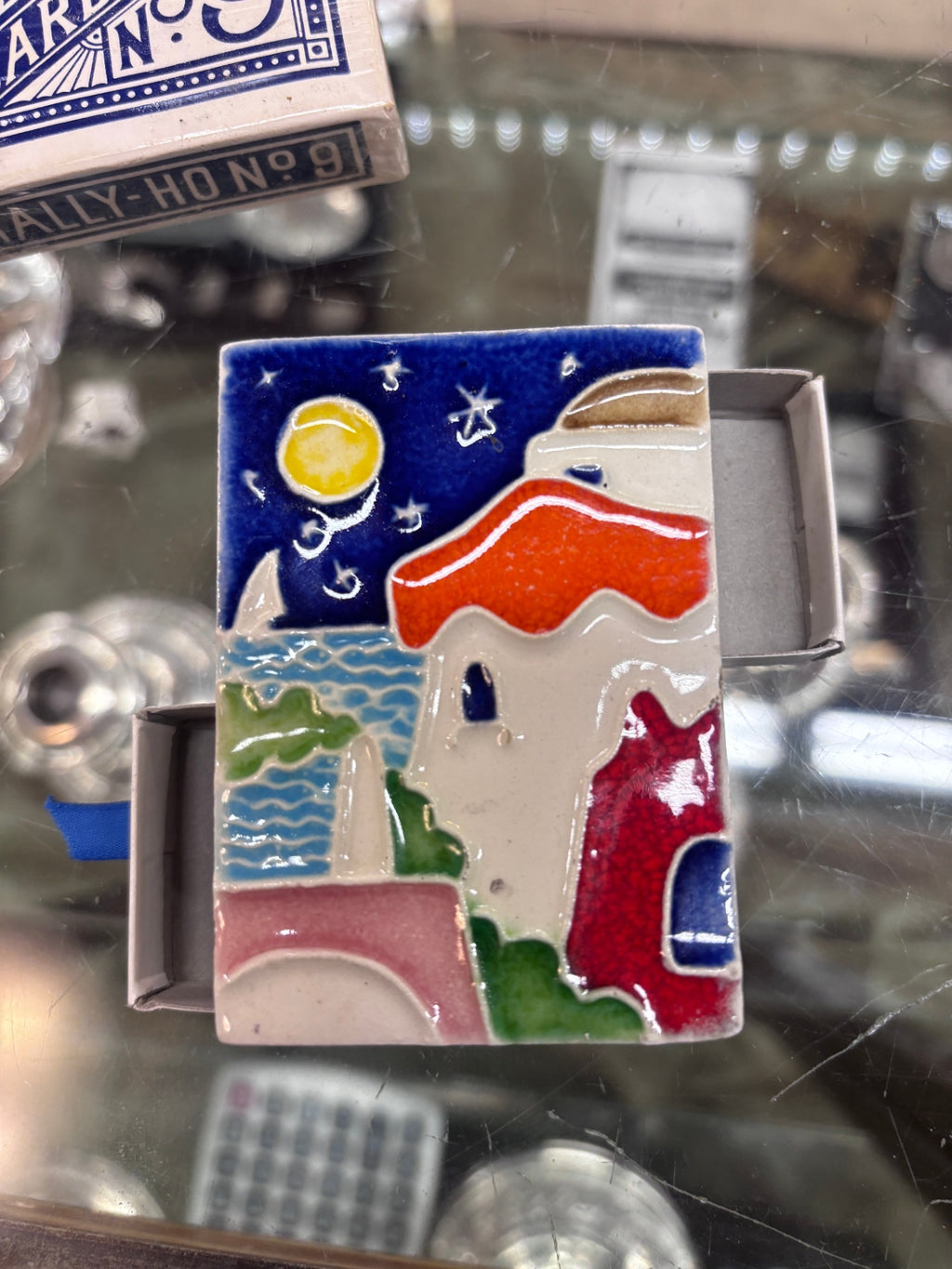 Decorative ceramic relief tile and match holder, handmade in Italy by Creazioni Luciano