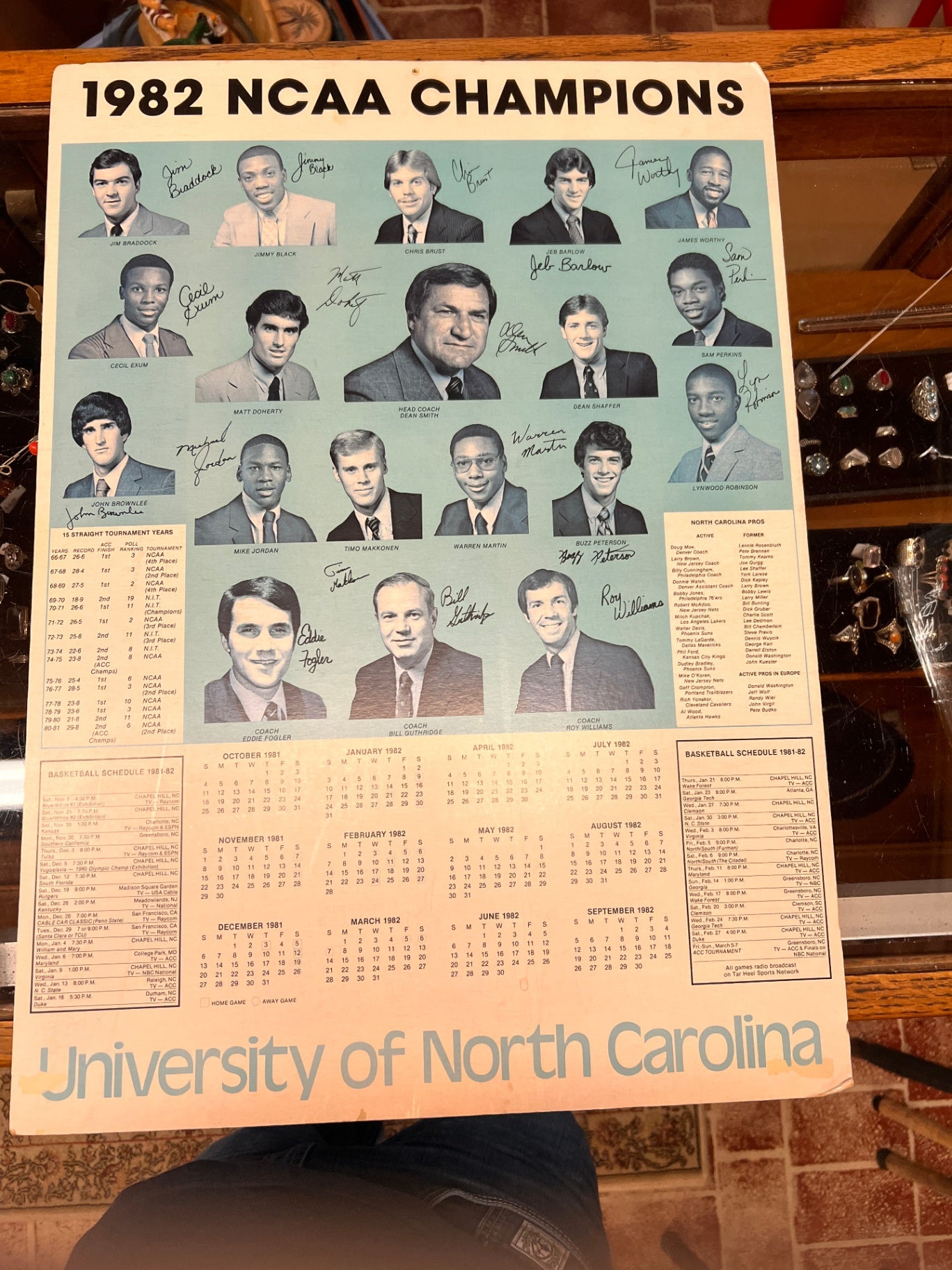 1982 UNC NCAA Champions Team Signed Poster Calendar – Michael Jordan Freshman Year Autograph – Tar Heels Dean Smith Worthy Perkins