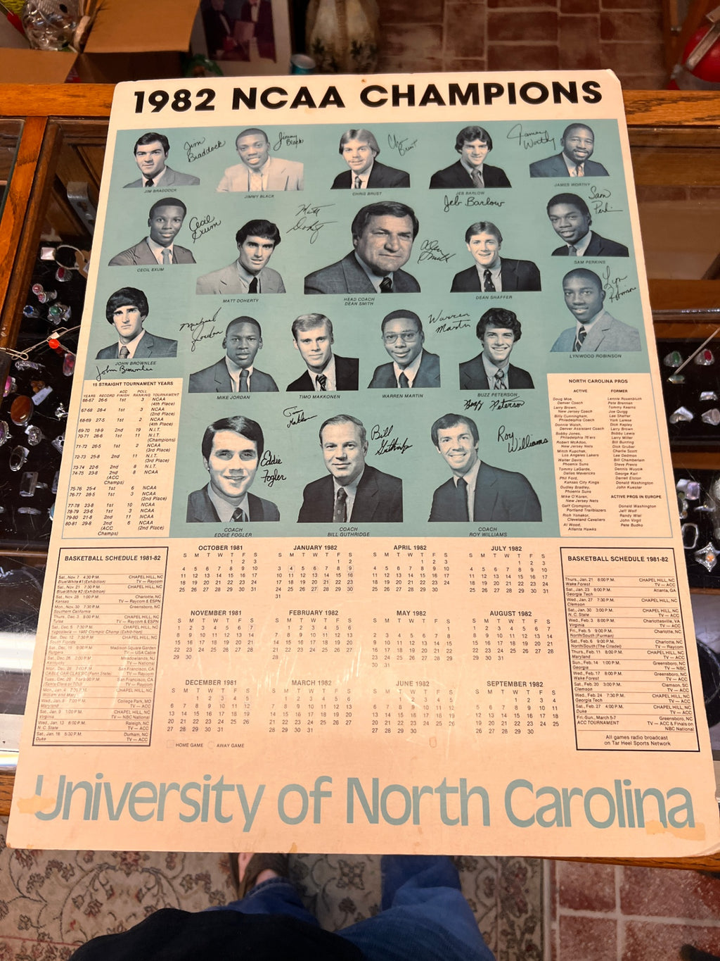 1982 UNC NCAA Champions Team Signed Poster Calendar – Michael Jordan Freshman Year Autograph – Tar Heels Dean Smith Worthy Perkins