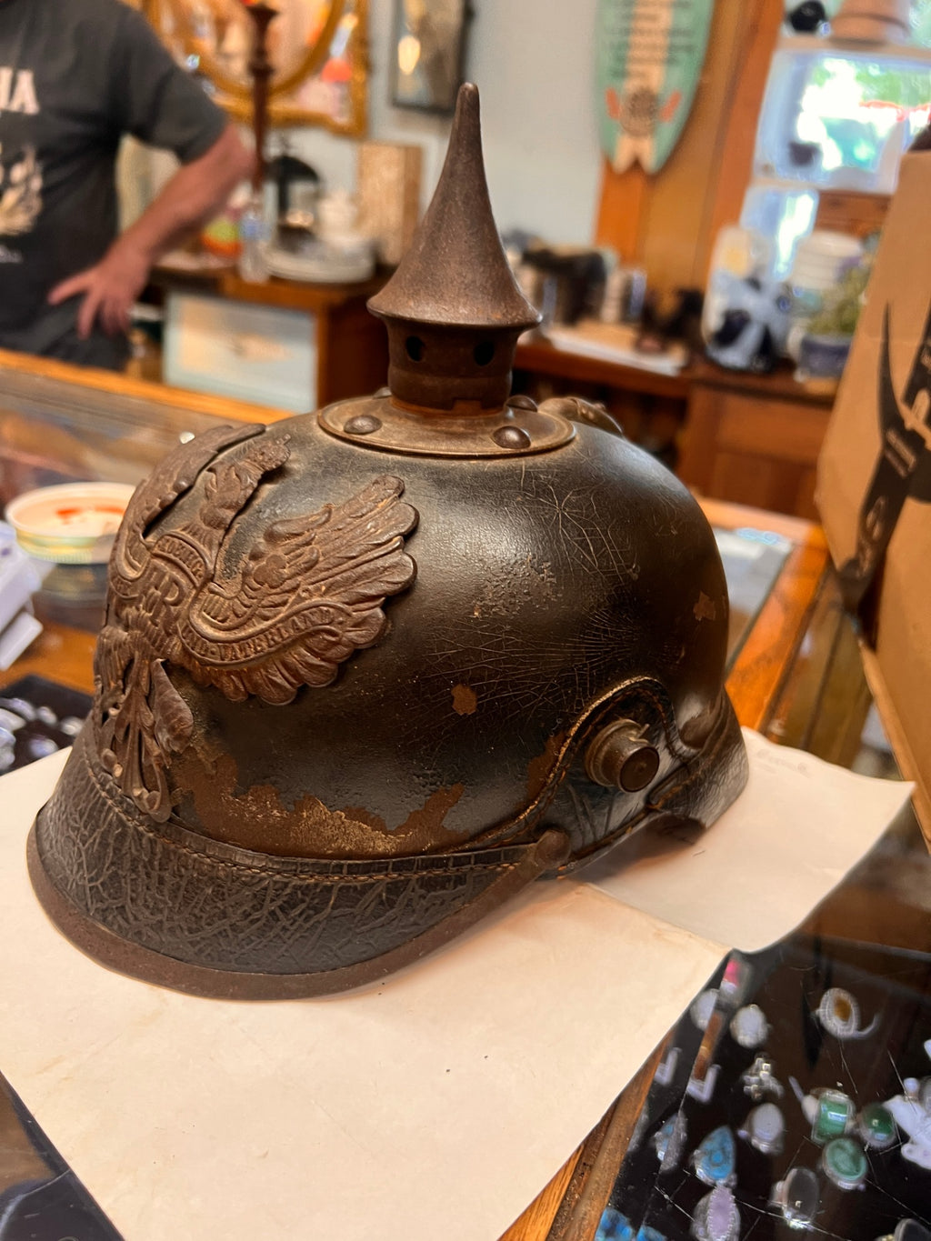 Antique Prussian Pickelhaube Helmet – Imperial German WWI Era Leather Spike Helmet “FR” Eagle – Original