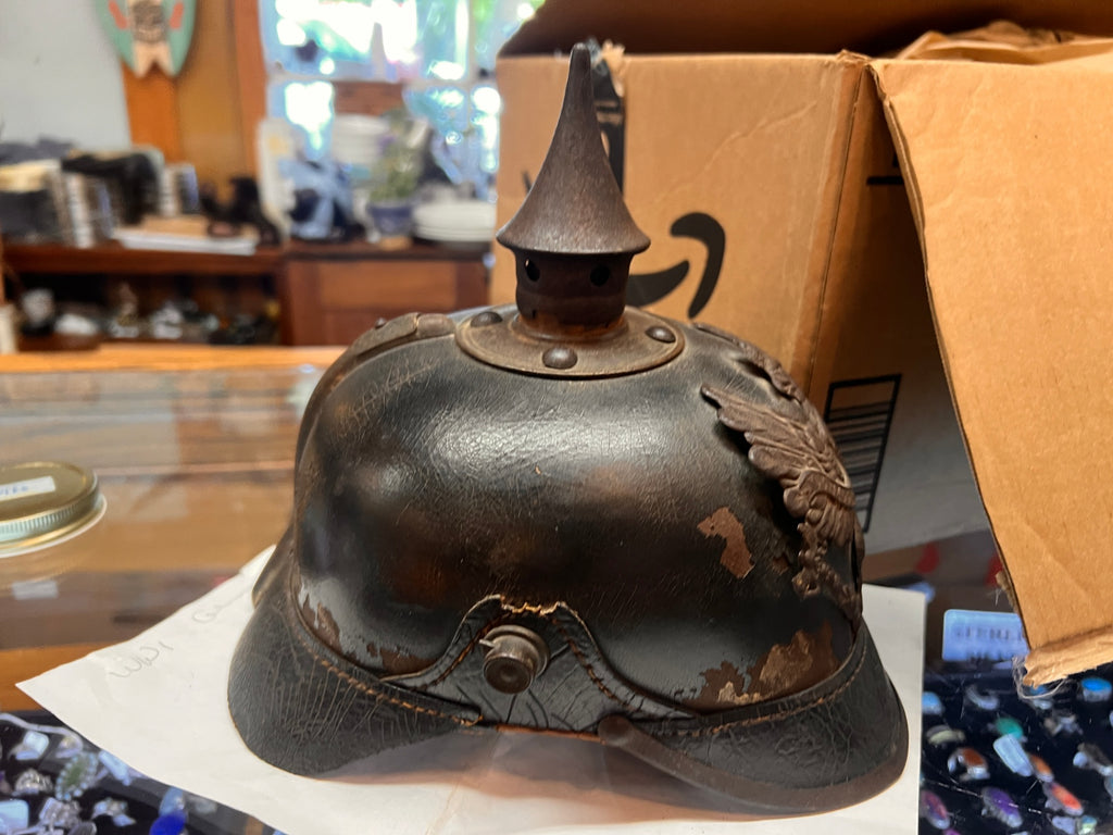Antique Prussian Pickelhaube Helmet – Imperial German WWI Era Leather Spike Helmet “FR” Eagle – Original