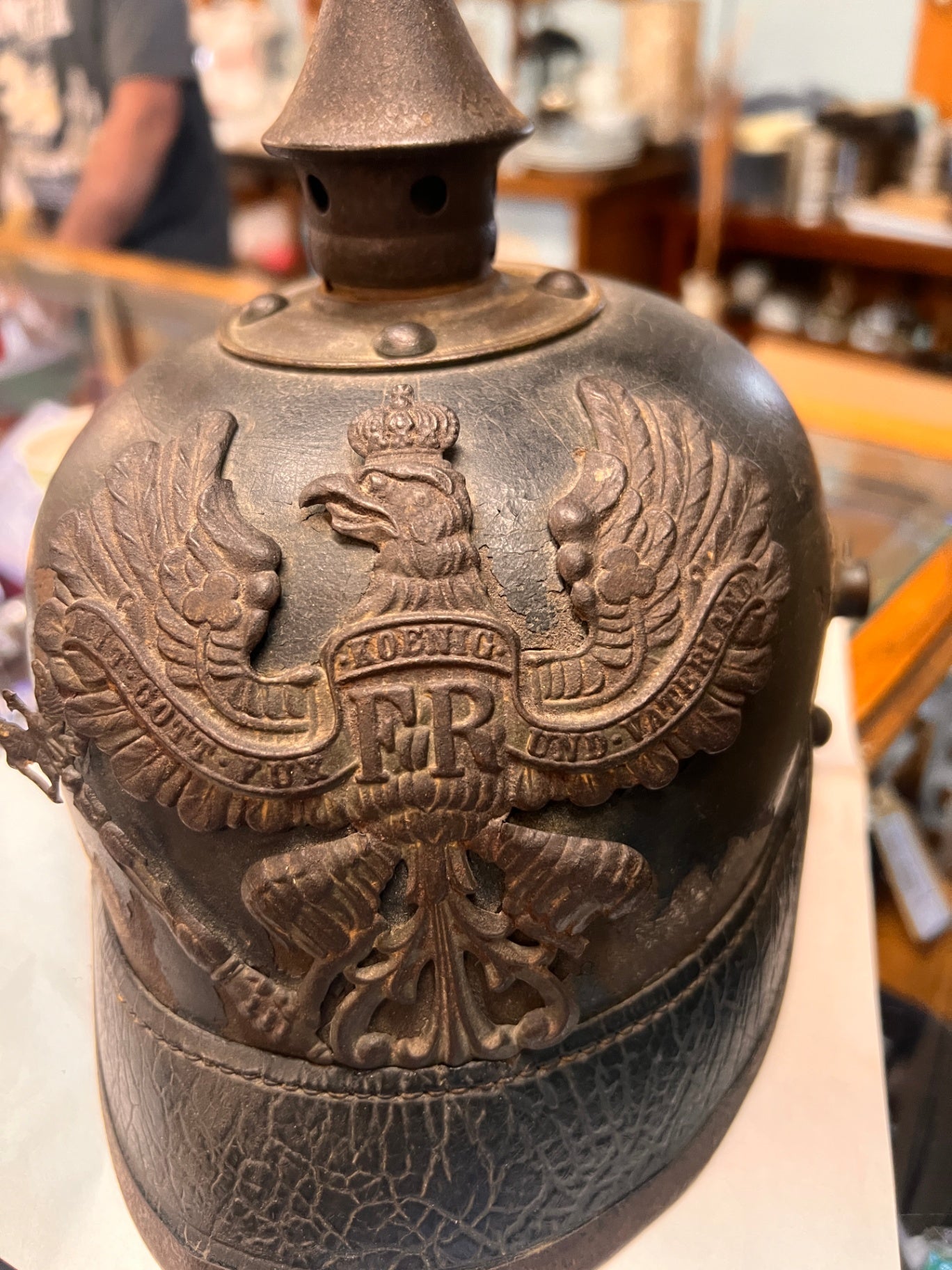 Antique Prussian Pickelhaube Helmet – Imperial German WWI Era Leather Spike Helmet “FR” Eagle – Original