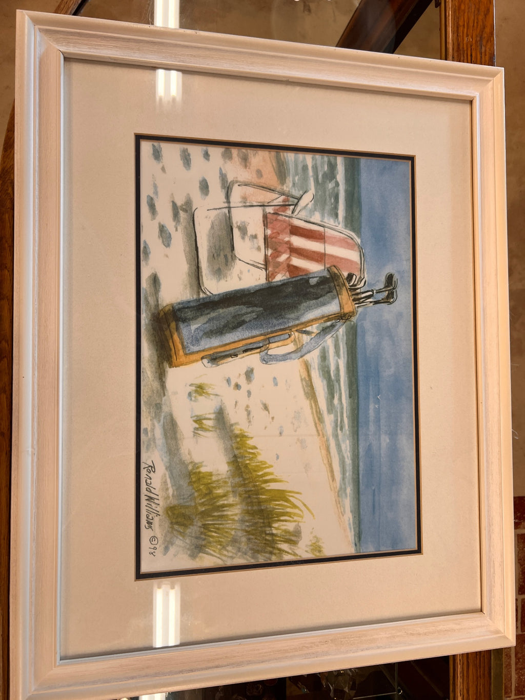 Ronald Williams Coastal Watercolor Painting – Golf Bag & Beach Chair Scene – Signed 1986 Framed Art