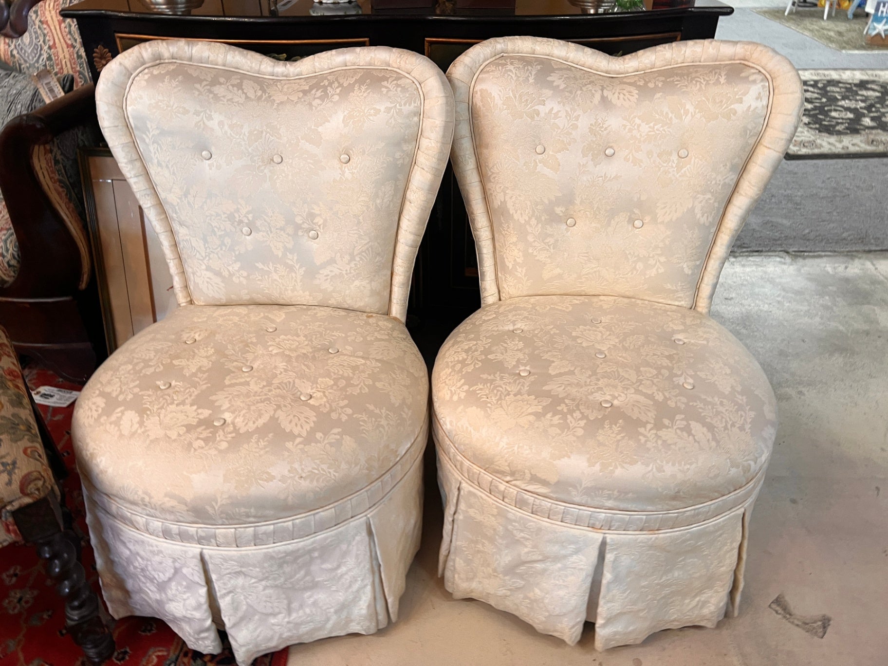 Vintage Hollywood Regency Tufted Slipper Chairs (Pair) – Curved Back, Skirted Base, Damask Upholstery