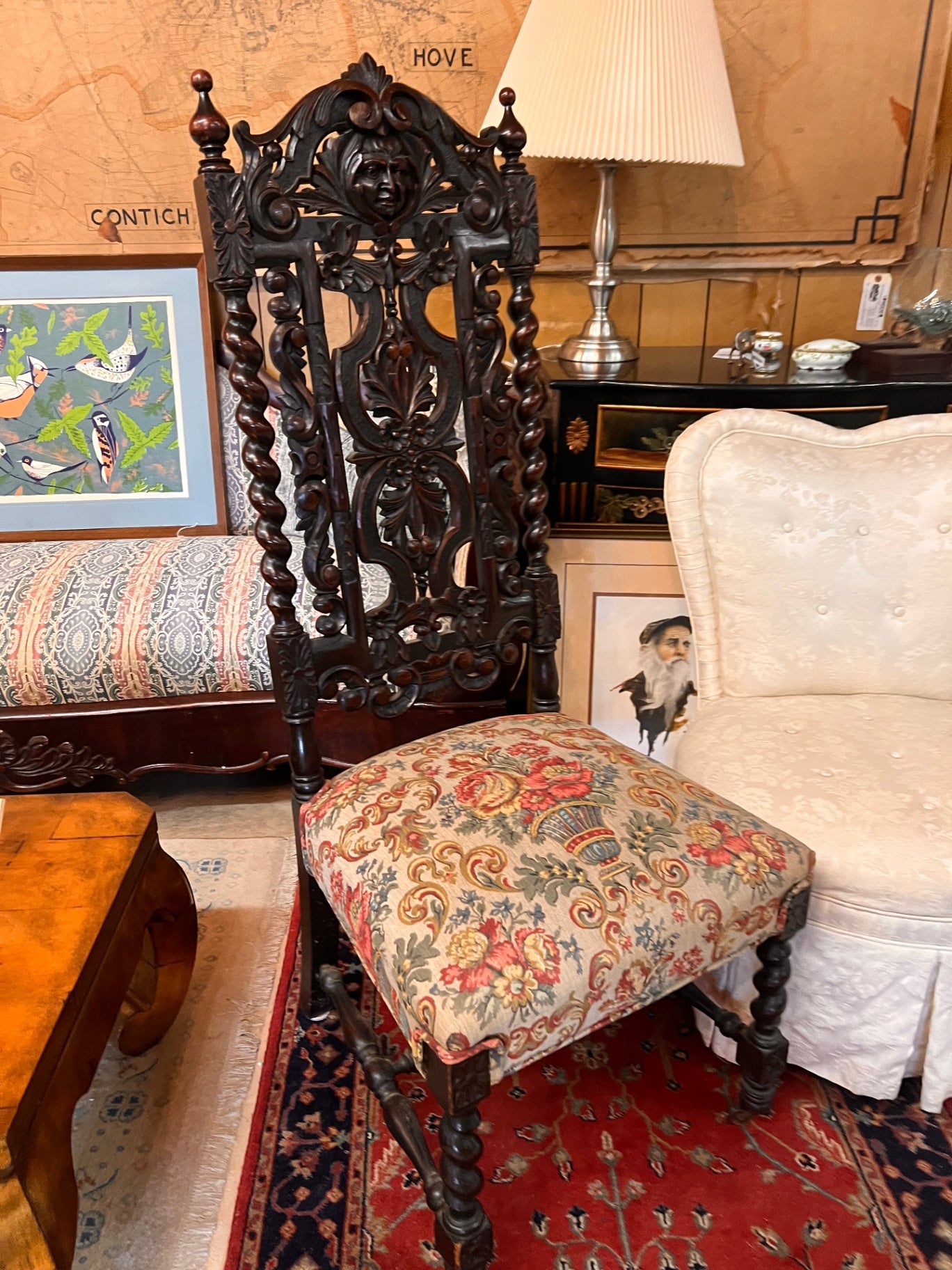 Antique 19th C. Renaissance Revival Carved Walnut Figural Throne Side Chair